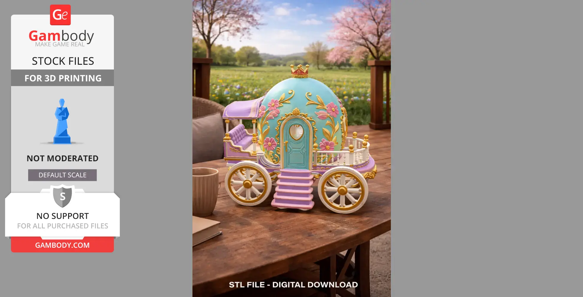 A pastel blue and pink fantasy egg carriage with floral decor and a crown, set on a wooden table outdoors.