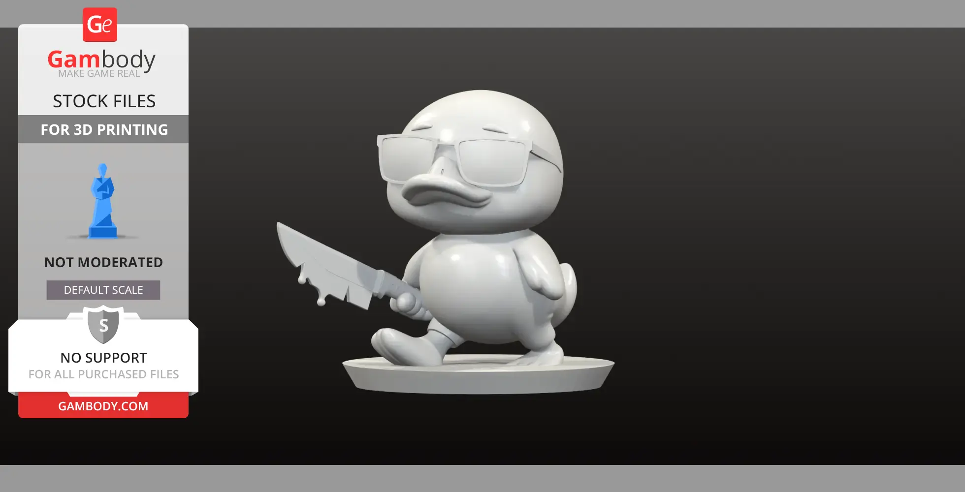 A duck figurine wearing sunglasses, holding a large key-shaped object, standing on a round base.