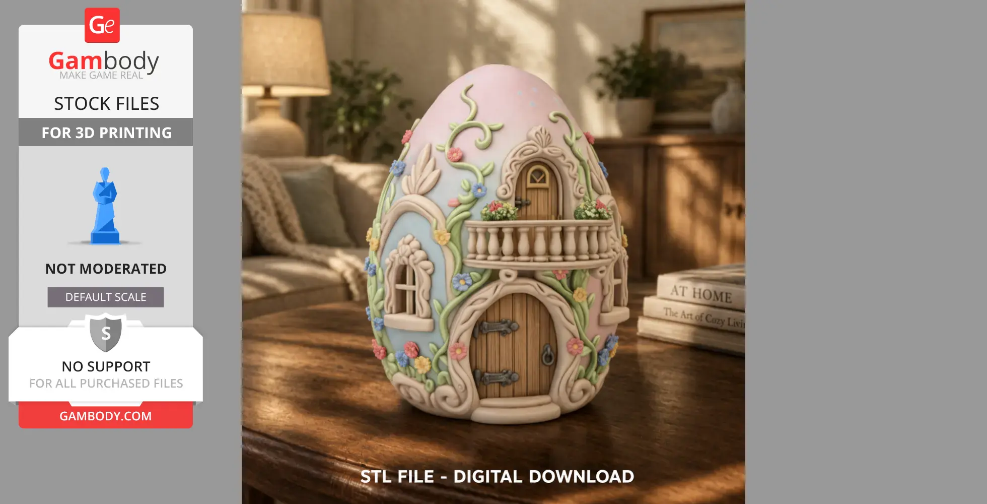 A whimsical egg-shaped cottage with floral decorations, arched windows, and a wooden door.