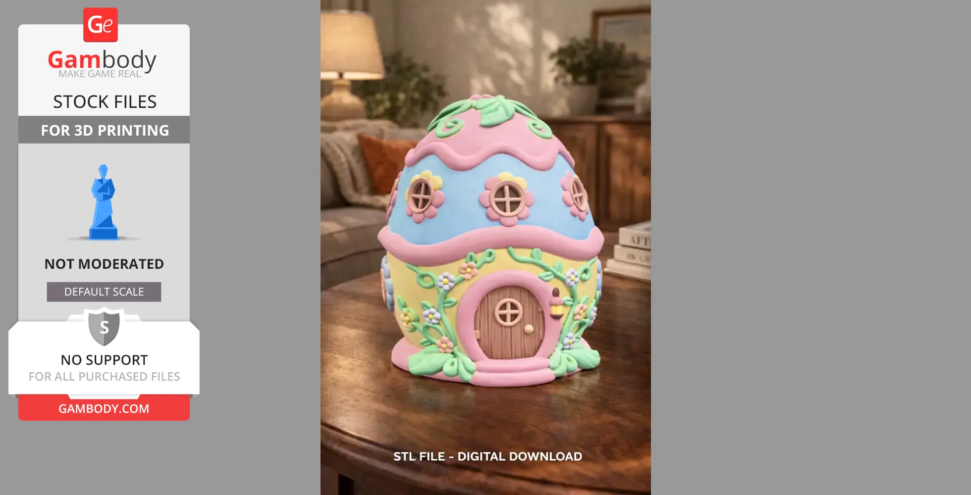 A colorful, egg-shaped fantasy house with floral decorations and round windows, set on a wooden surface.