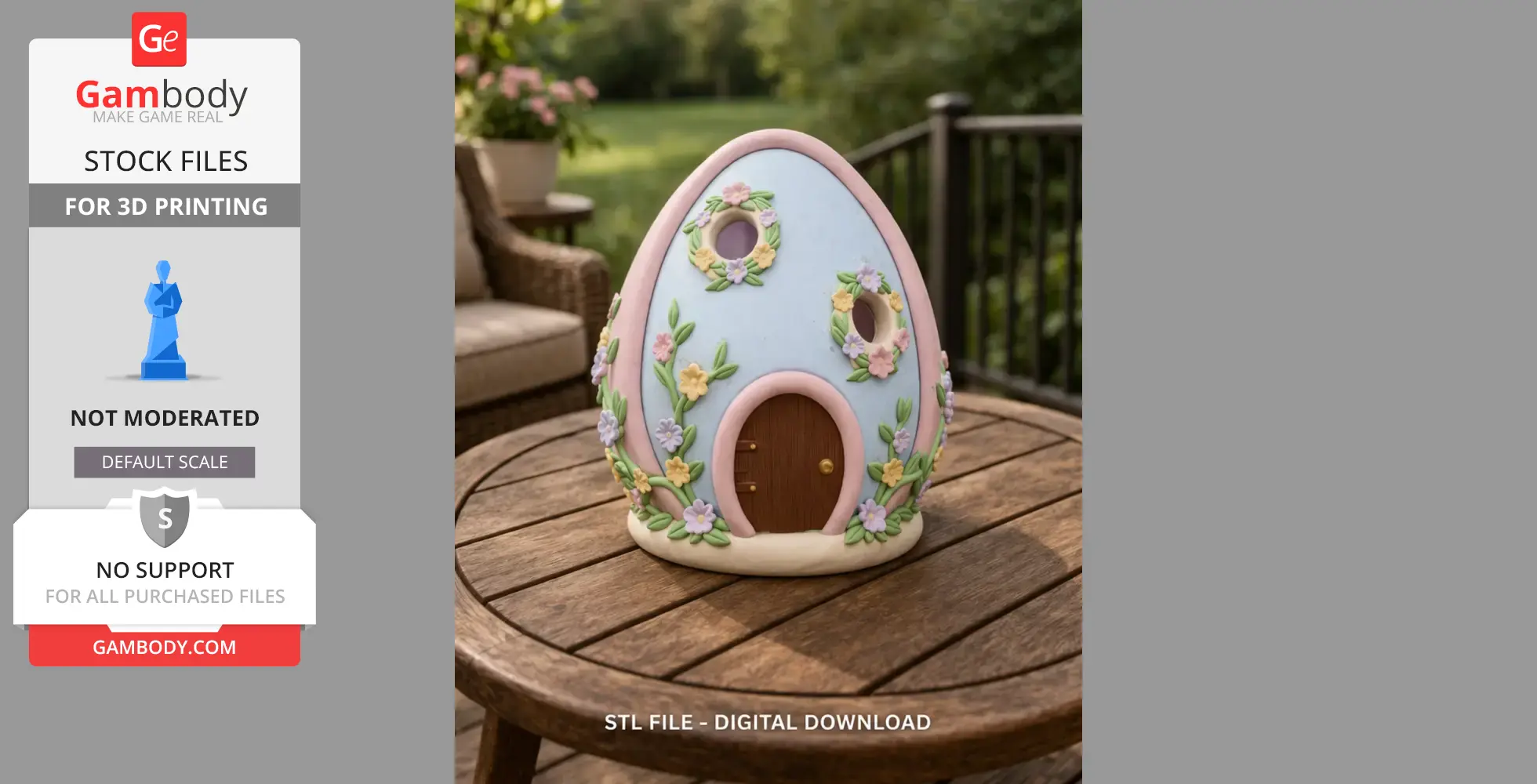 A whimsical egg-shaped house adorned with colorful floral patterns, set on a wooden table.