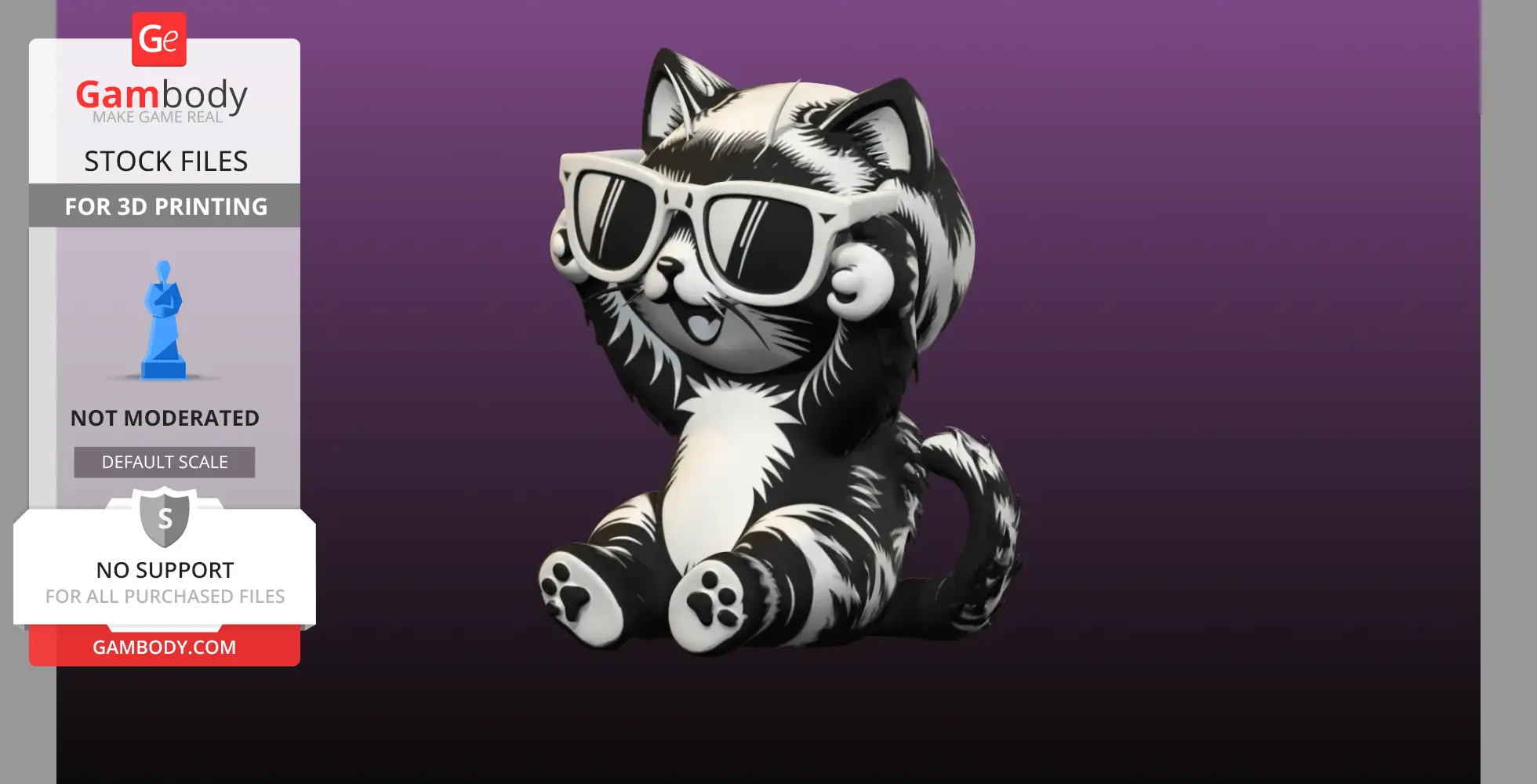 A stylized cat with sunglasses, sitting upright, black and white color, designed for 3D printing.