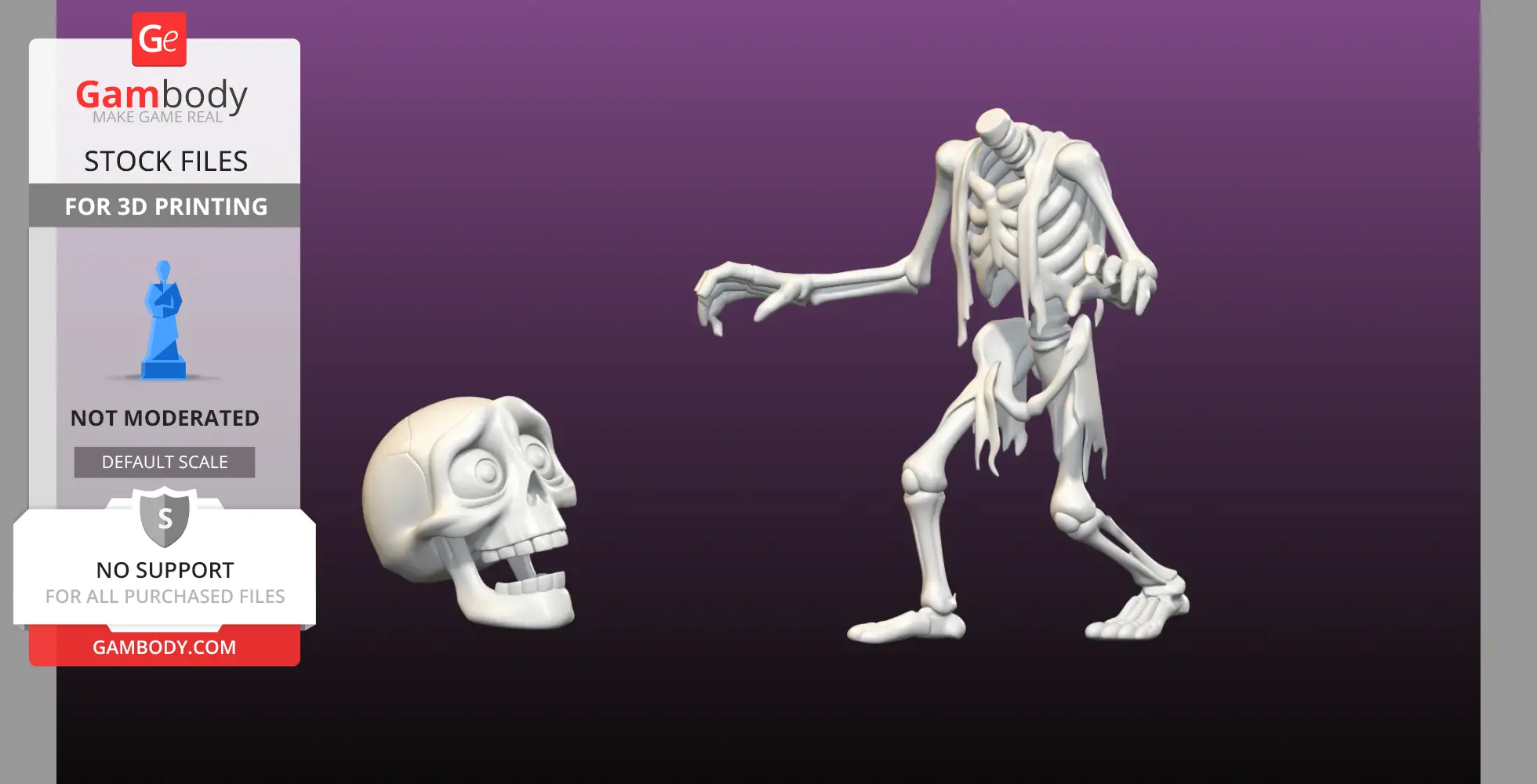 A headless skeleton reaching for a detached skull, ready for 3D printing.