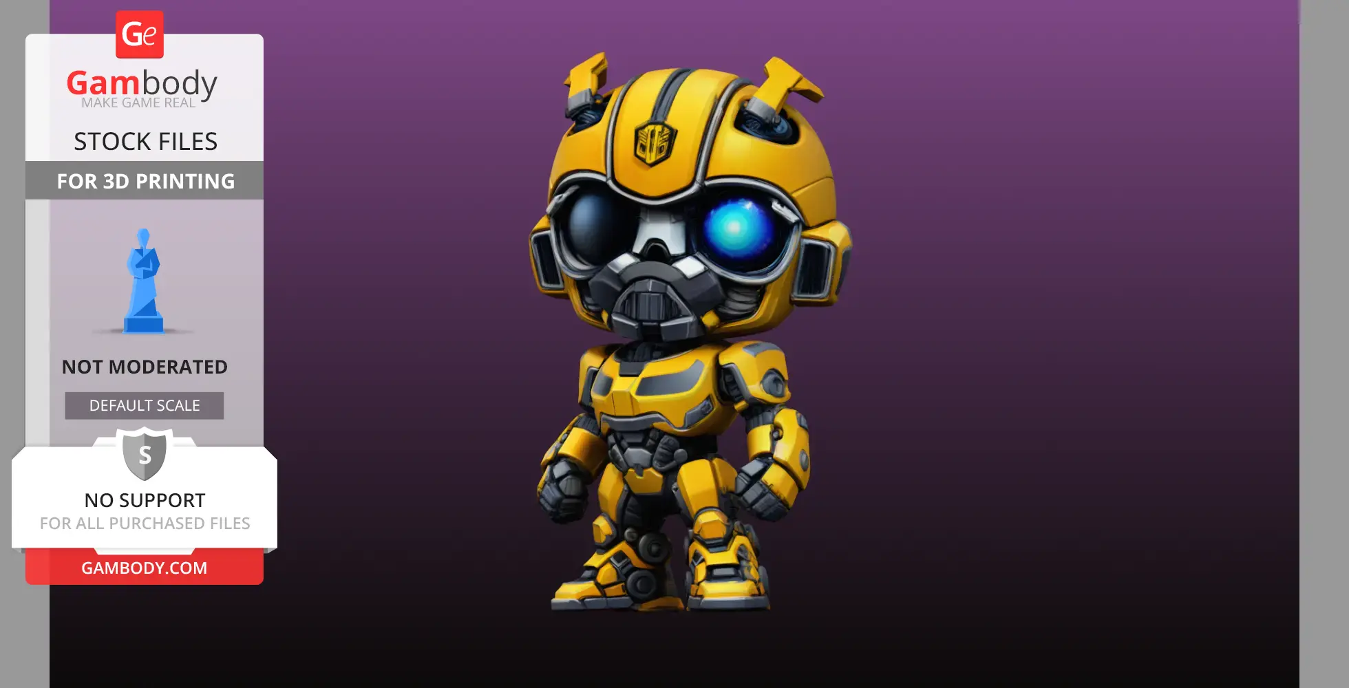 Cute chibi-style robot with yellow armor and large eyes, ready for 3D printing.