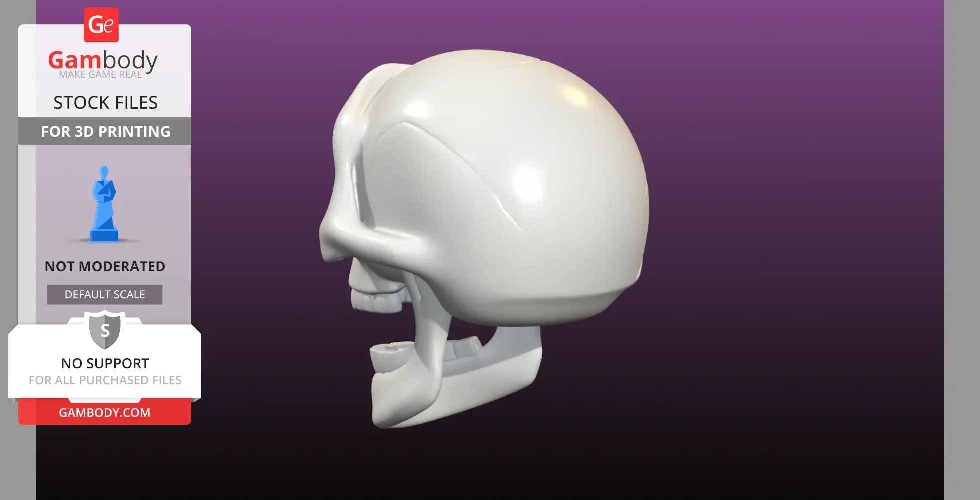 A smooth, stylized white skull model for 3D printing against a purple background.