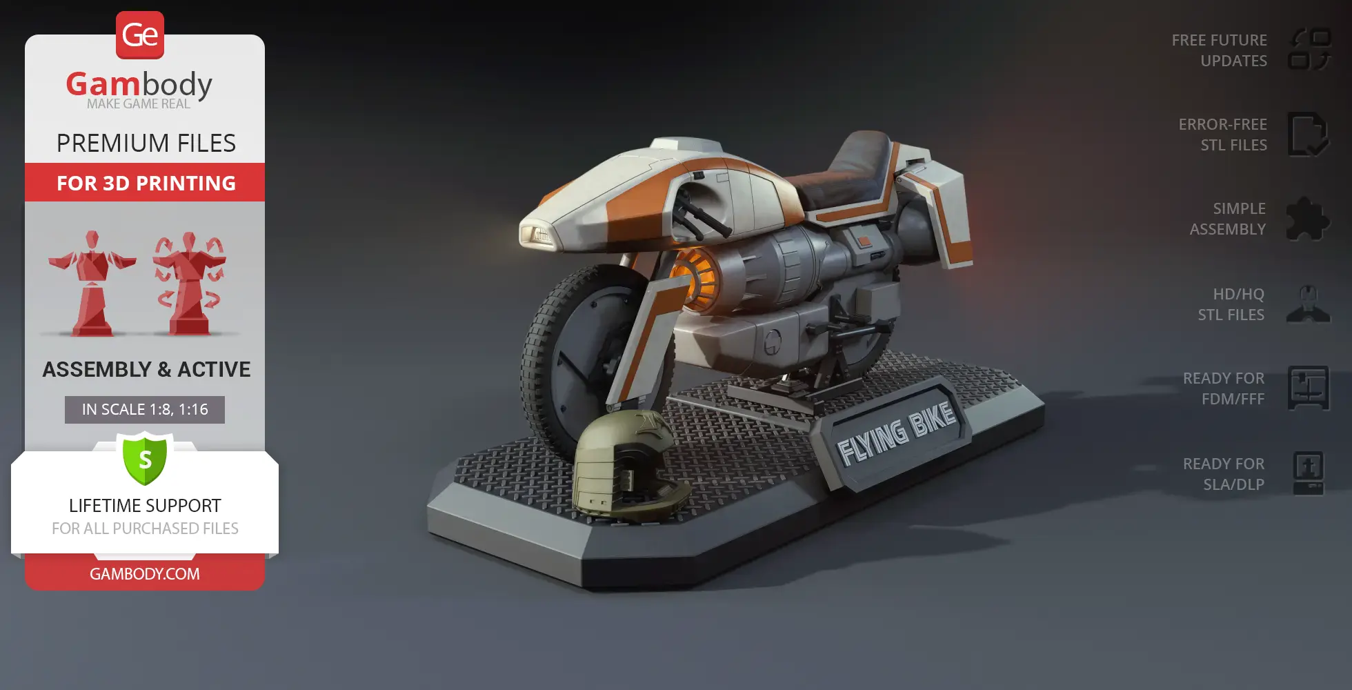 Futuristic flying bike model with orange accents on a display stand labeled 'Flying Bike.'