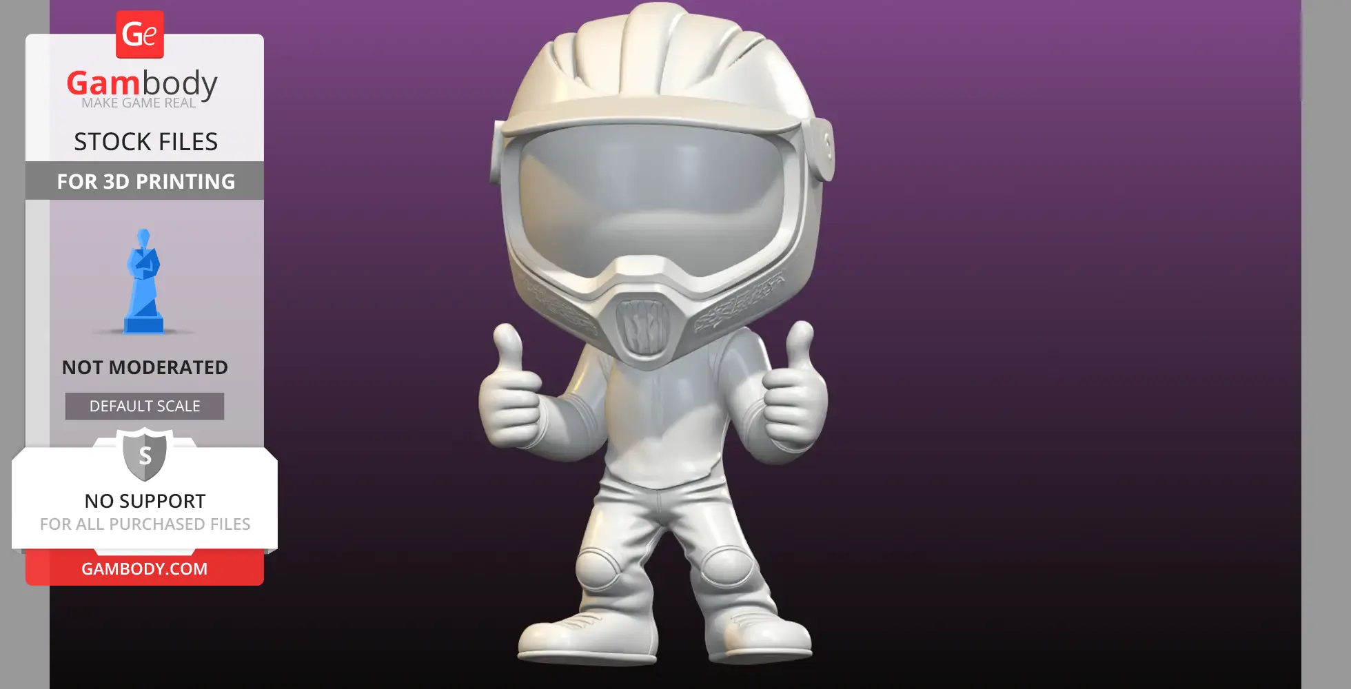Chibi-style motocross rider figurine with helmet and thumbs-up pose, ready for 3D printing.