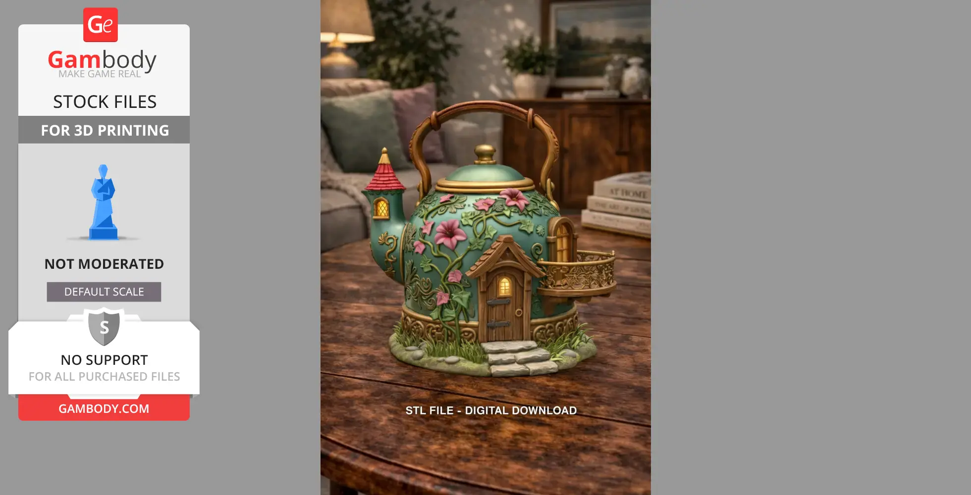 Decorative teapot designed as a whimsical fairy house with floral motifs and a small door.