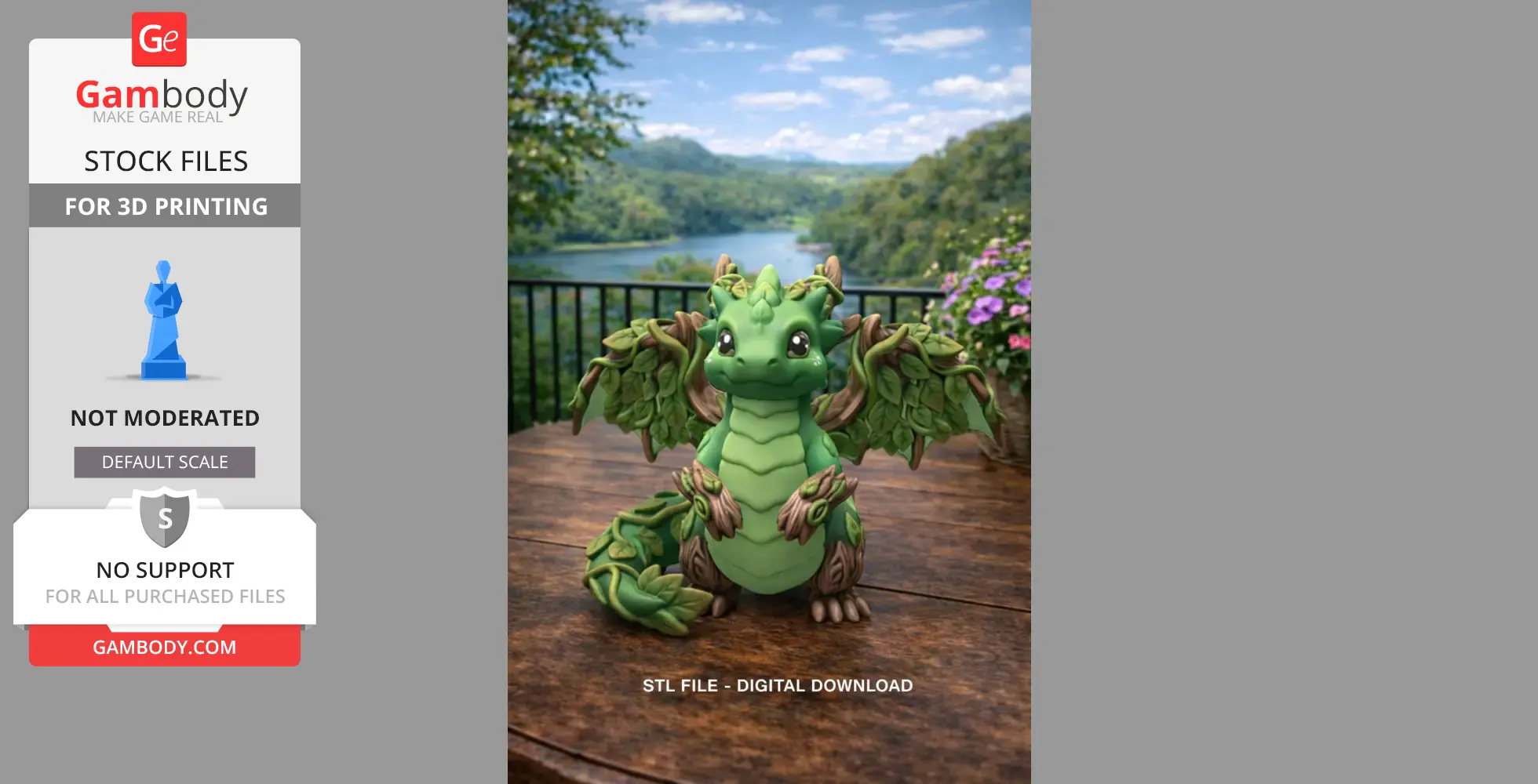 Cute green dragon figurine with wood-like wings and leafy details on a wooden table outdoors.