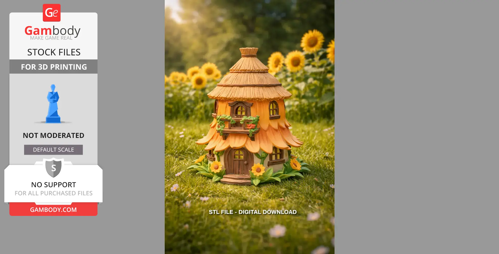 A whimsical straw-roofed fairy cottage with sunflowers, set in a lush garden, perfect for 3D printing.