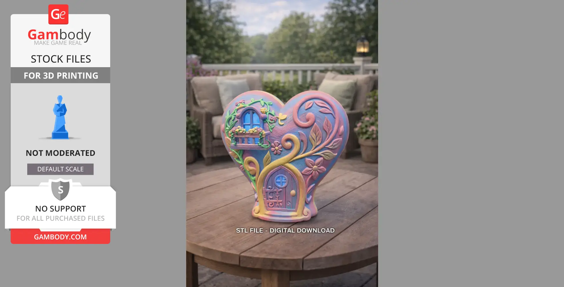Colorful heart-shaped fairy house with floral and vine details, small windows, and a door.
