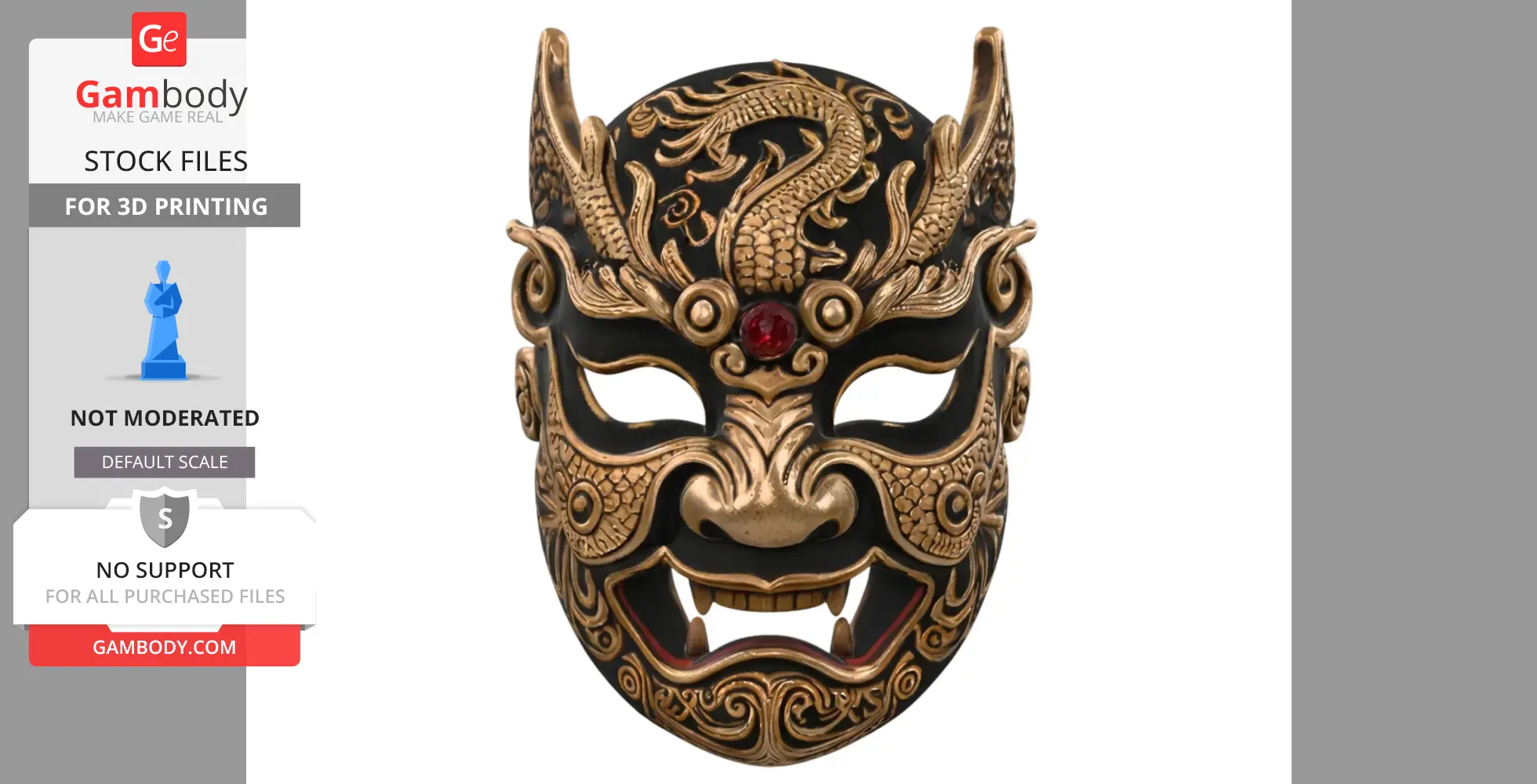 Intricately detailed dragon-themed mask with horns, fangs, and a central red gem.