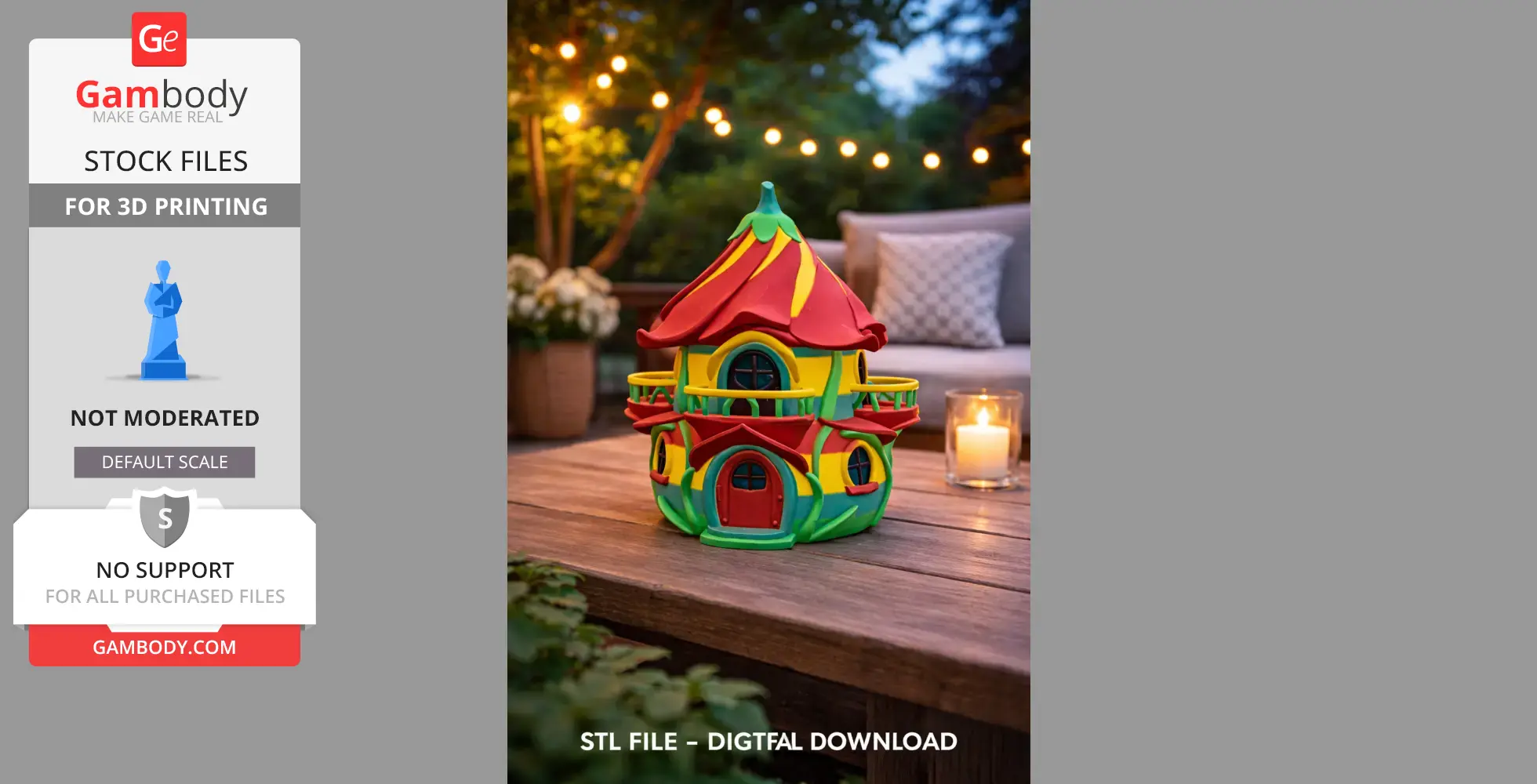 Colorful fantasy fairy house model on a wooden table, surrounded by outdoor lights and a candle.