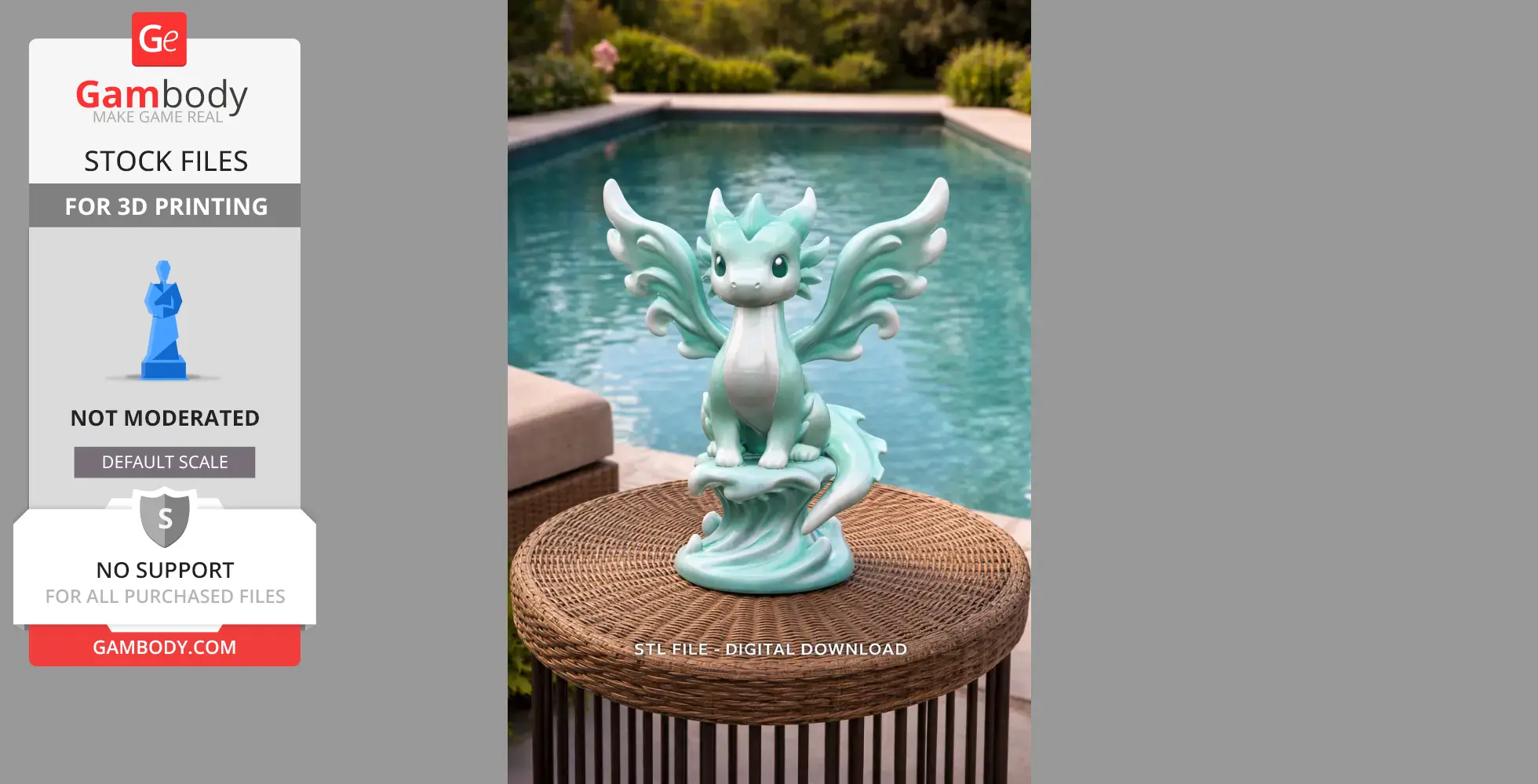 Cute water dragon figurine with flowing wings in turquoise, placed on a woven table by a pool.