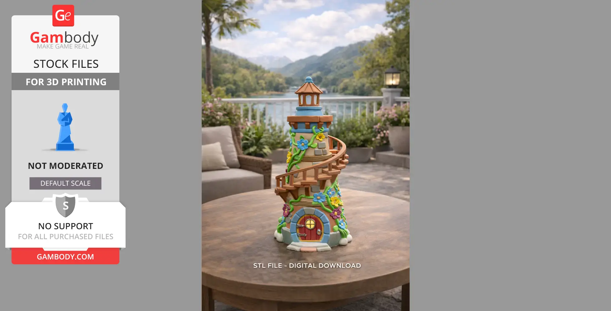 Colorful fantasy spiral tower with flowers and winding stairs, set on a wooden table in an outdoor setting.