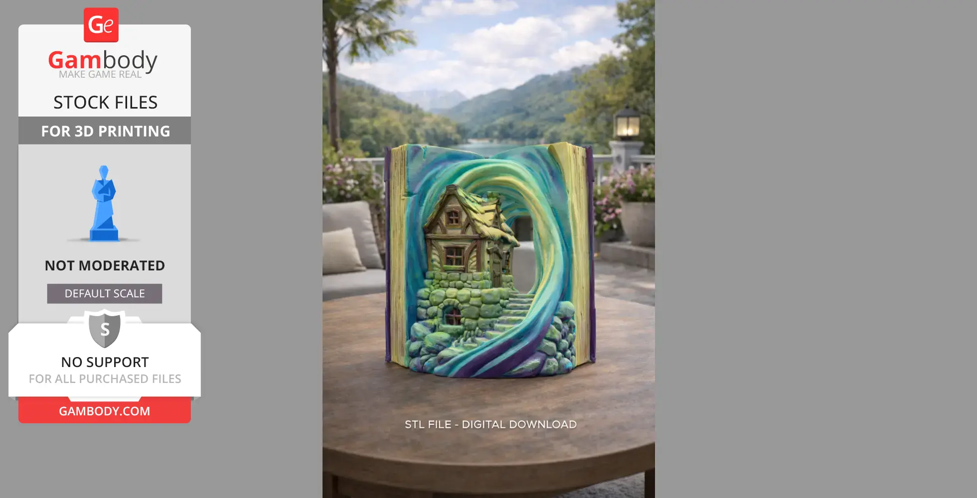 A whimsical cottage inside a swirling open book, displayed on a round table with a scenic mountain backdrop.