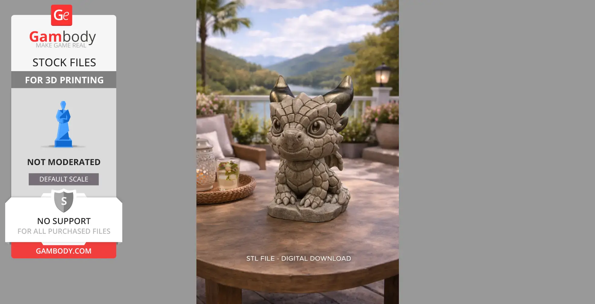 Stone-textured baby dragon figurine on a patio table with a scenic mountain view.