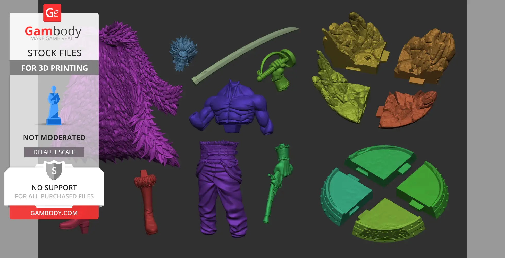 3D model parts of a character with a sword, clothing, and base pieces for assembly and printing.