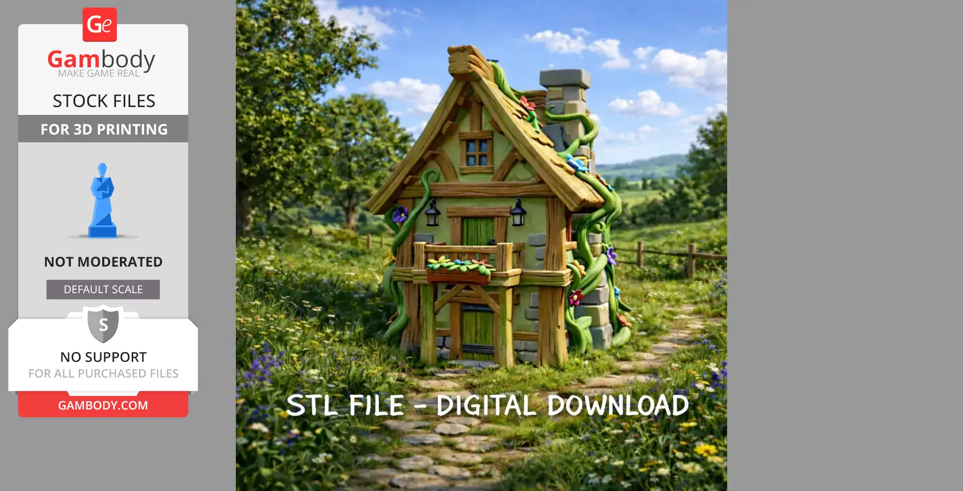 Charming forest cottage with vines, flowers, and timber details in a lush green setting.