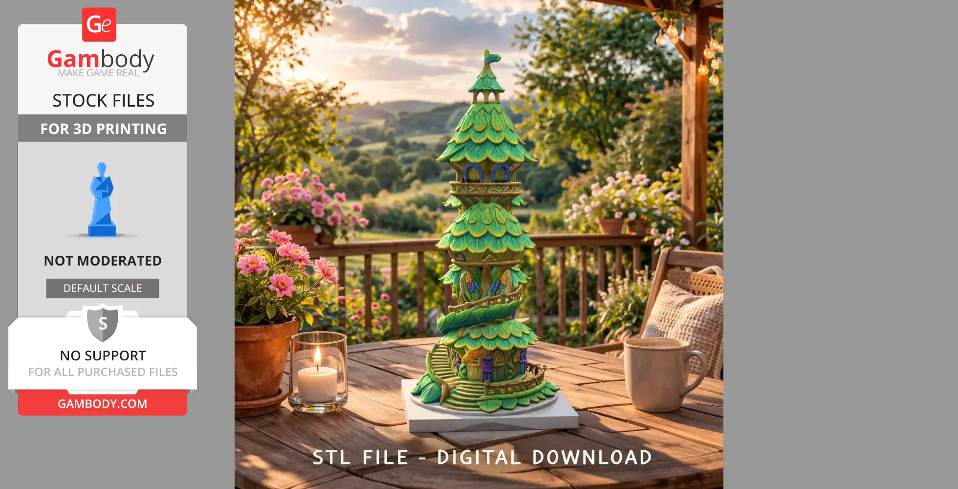 A colorful, spiral tree tower model on a patio table, surrounded by flowers and sunset scenery.