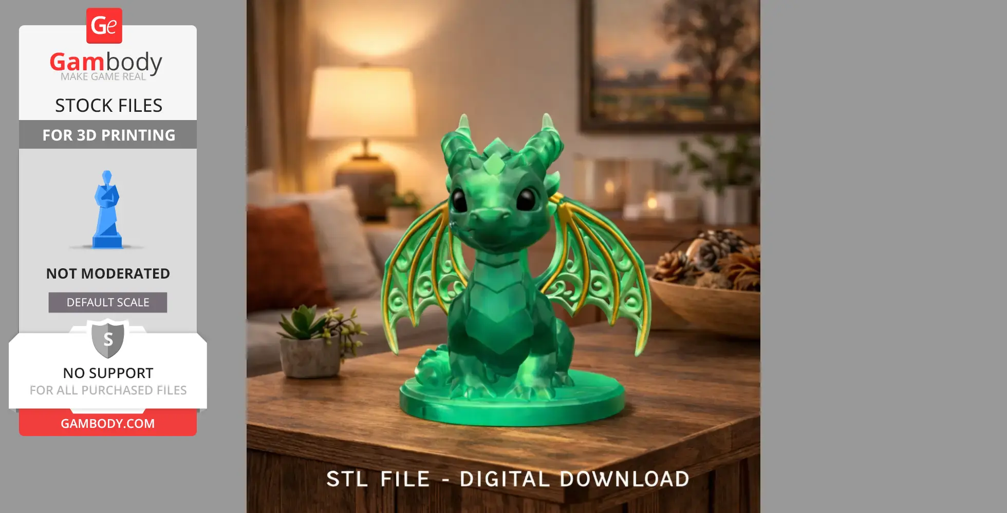 A cute, green dragon figurine with golden wings on a wooden table in a cozy room setting.