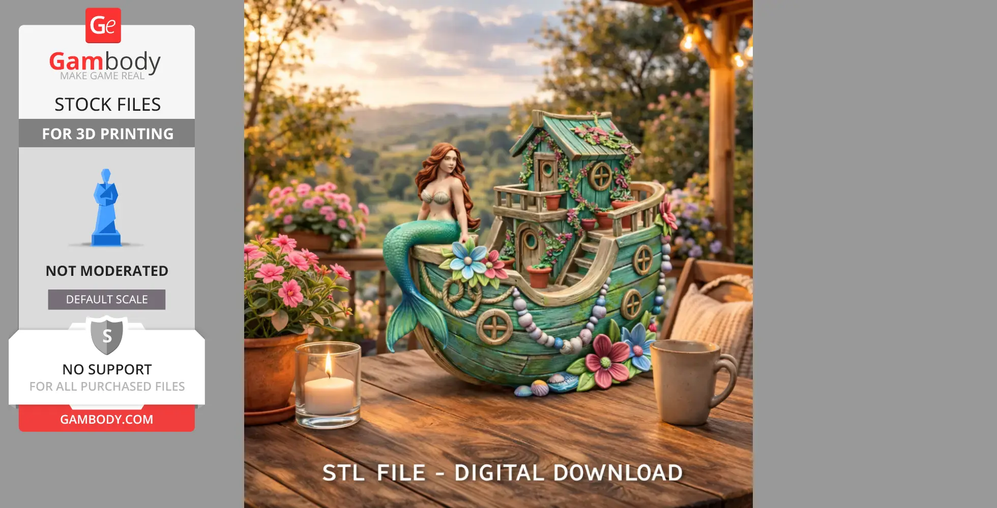 Fantasy scene with a mermaid sitting on a decorative, floral-adorned boat house model on a wooden table.