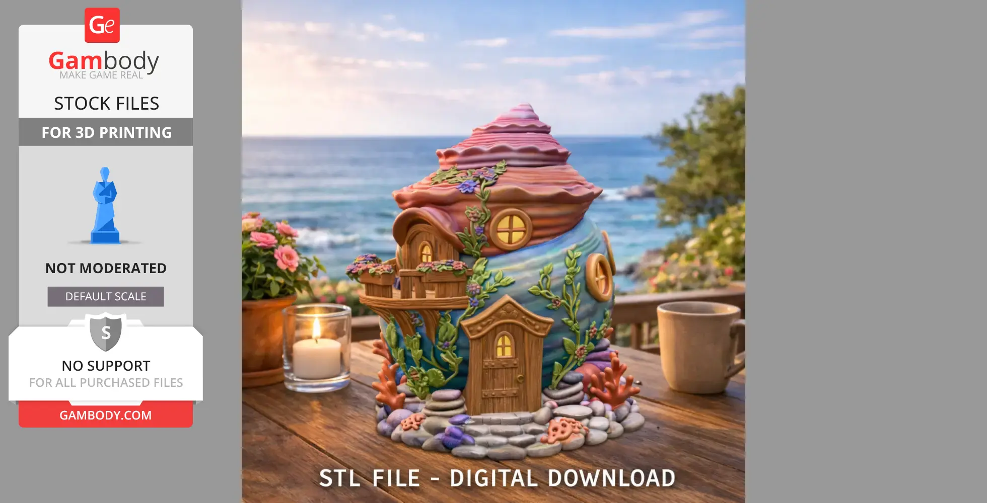Whimsical seashell cottage with colorful roof and foliage details, set on a coastal background.