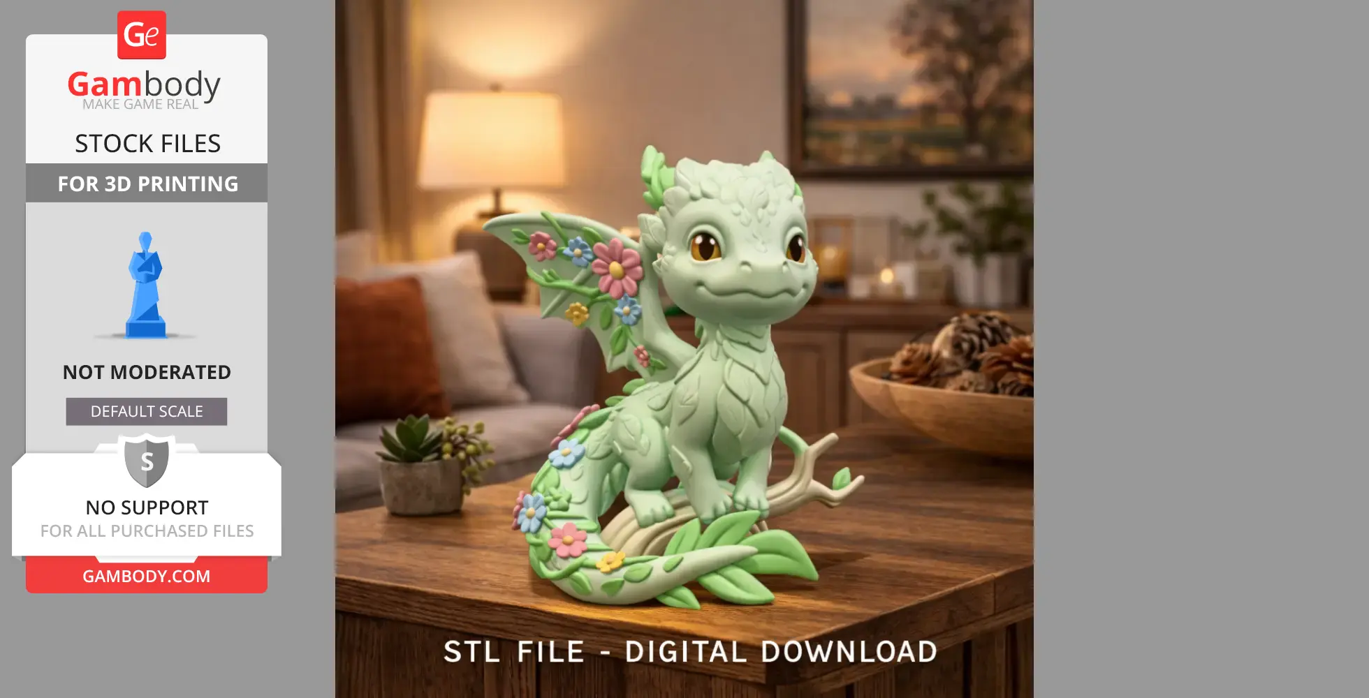 A cute, floral-decorated forest dragon figure with vibrant flowers, sitting on a wooden table.