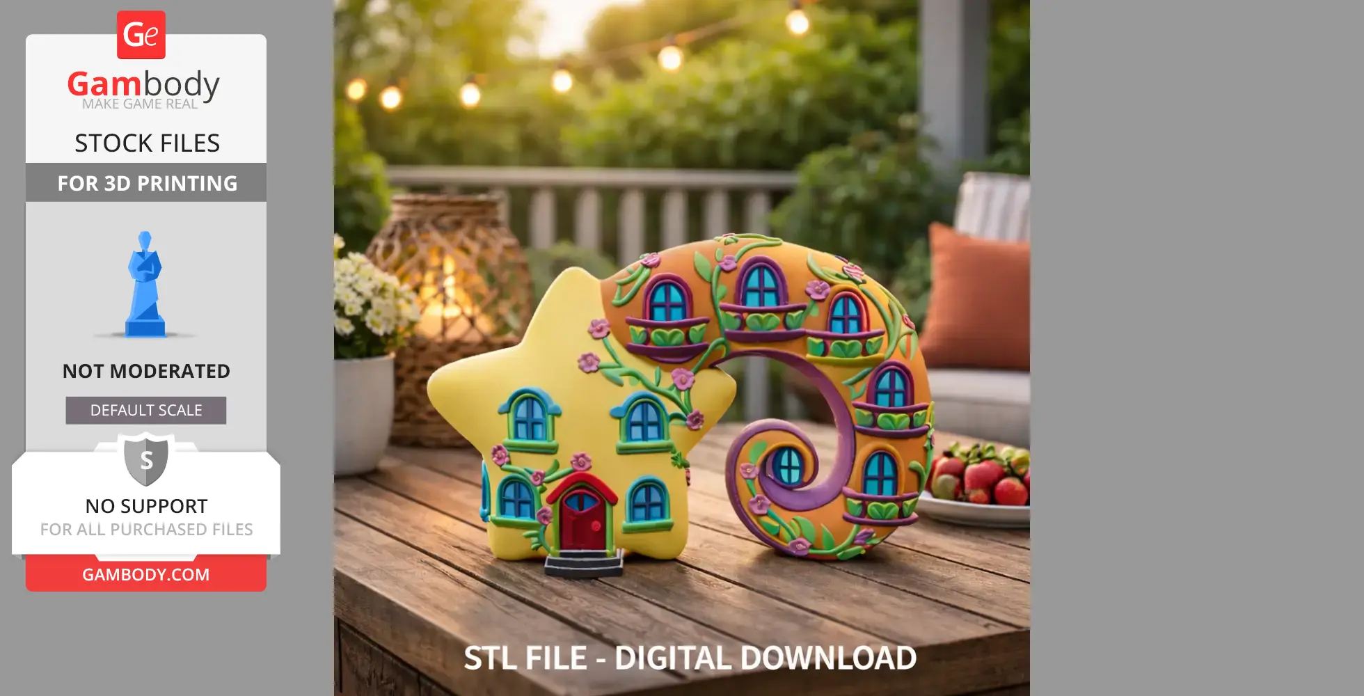 A whimsical star and spiral-shaped bookend with colorful windows and floral designs.