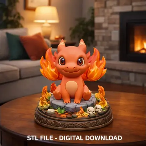 Fire Baby Dragon STL File 3D Printable Cute Fire Dragon Figurine