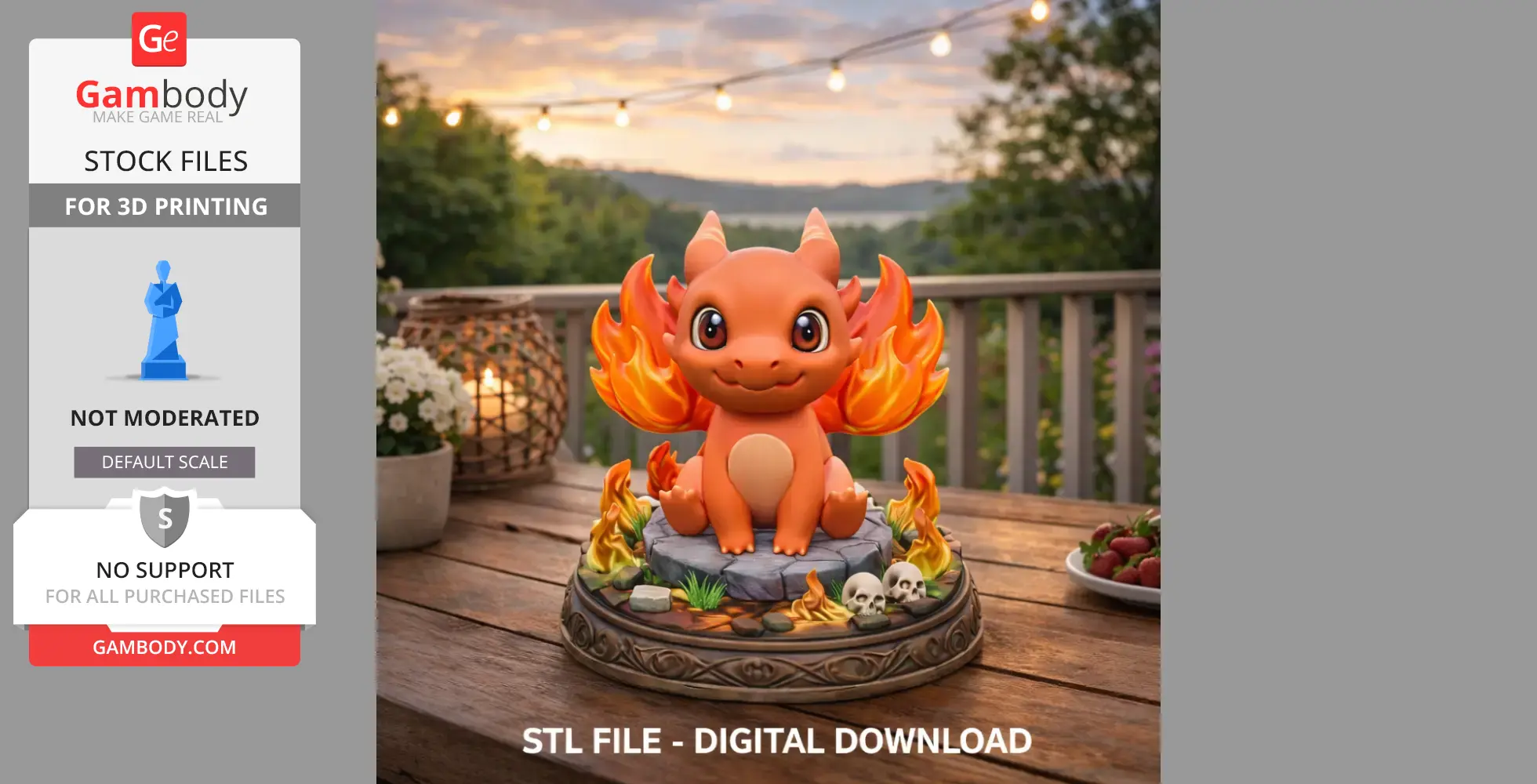 Cute baby dragon figurine with fiery wings, sitting on a decorative base, surrounded by flames.