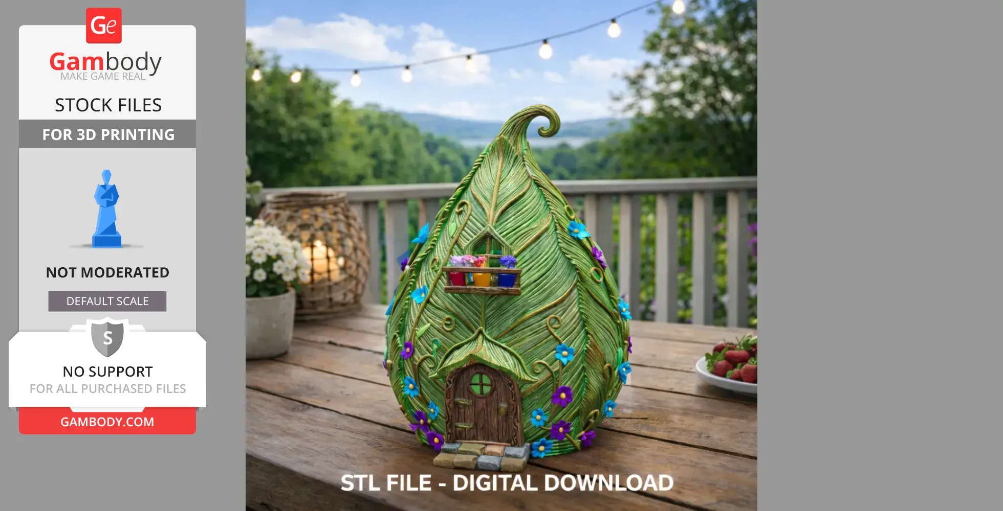 A whimsical cottage shaped like a green leaf with colorful flowers and a wooden door.