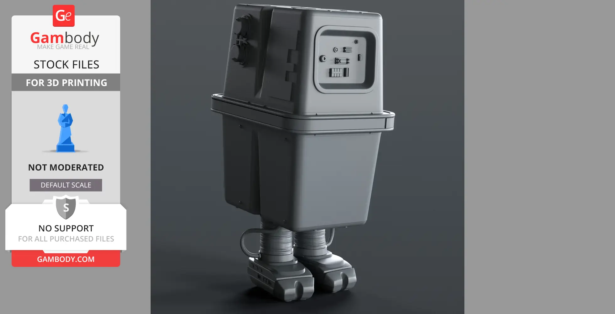 A 3D model of a Gonk Power Droid, featuring a boxy body and mechanical legs, for 3D printing.