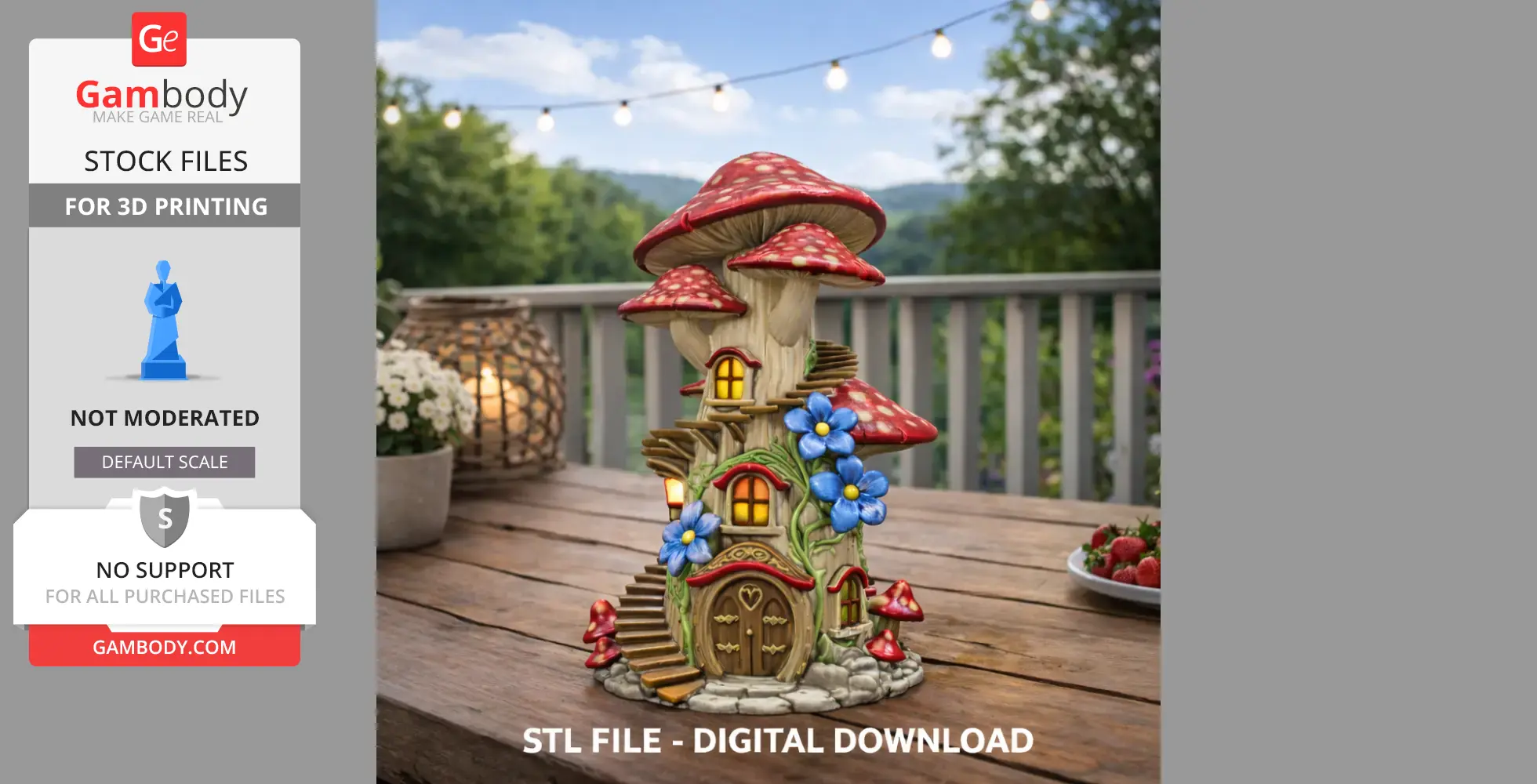 A whimsical mushroom tower with colorful flowers and glowing windows, set on a wooden table.