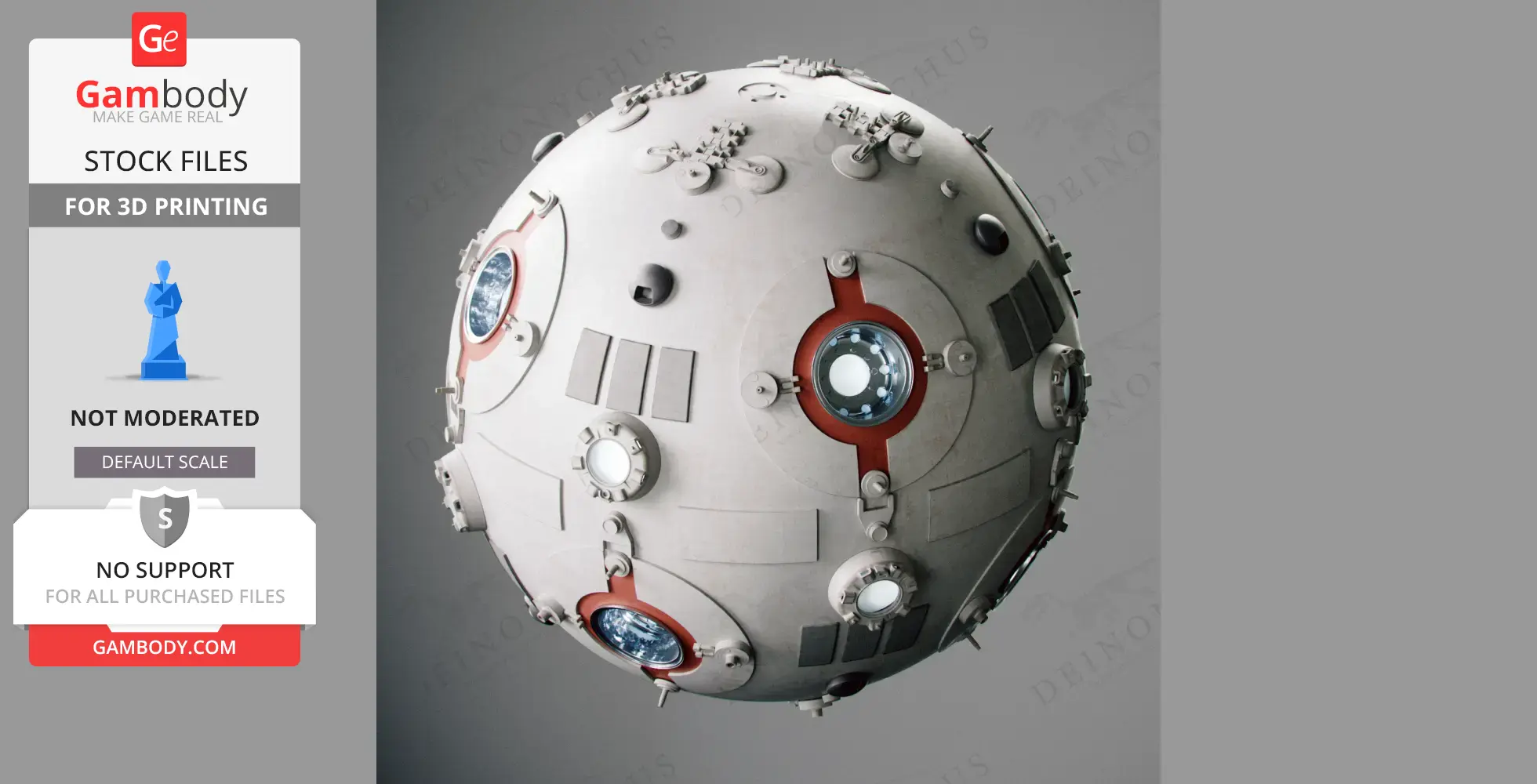 Futuristic spherical training droid with futuristic panels and lights for 3D printing.