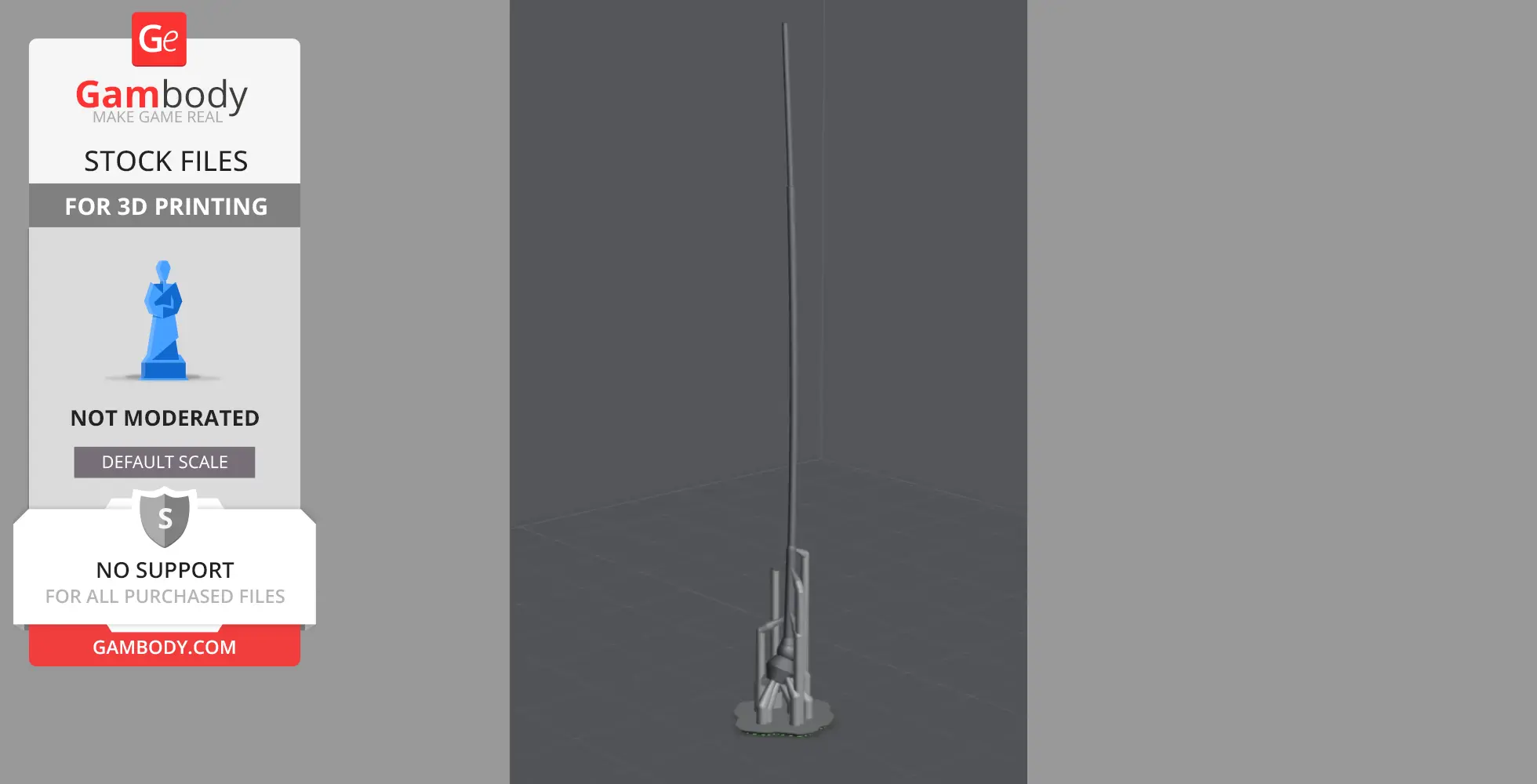 A tall, slender 3D model of a Treadwell robot for printing, featuring a long central rod and detailed base.