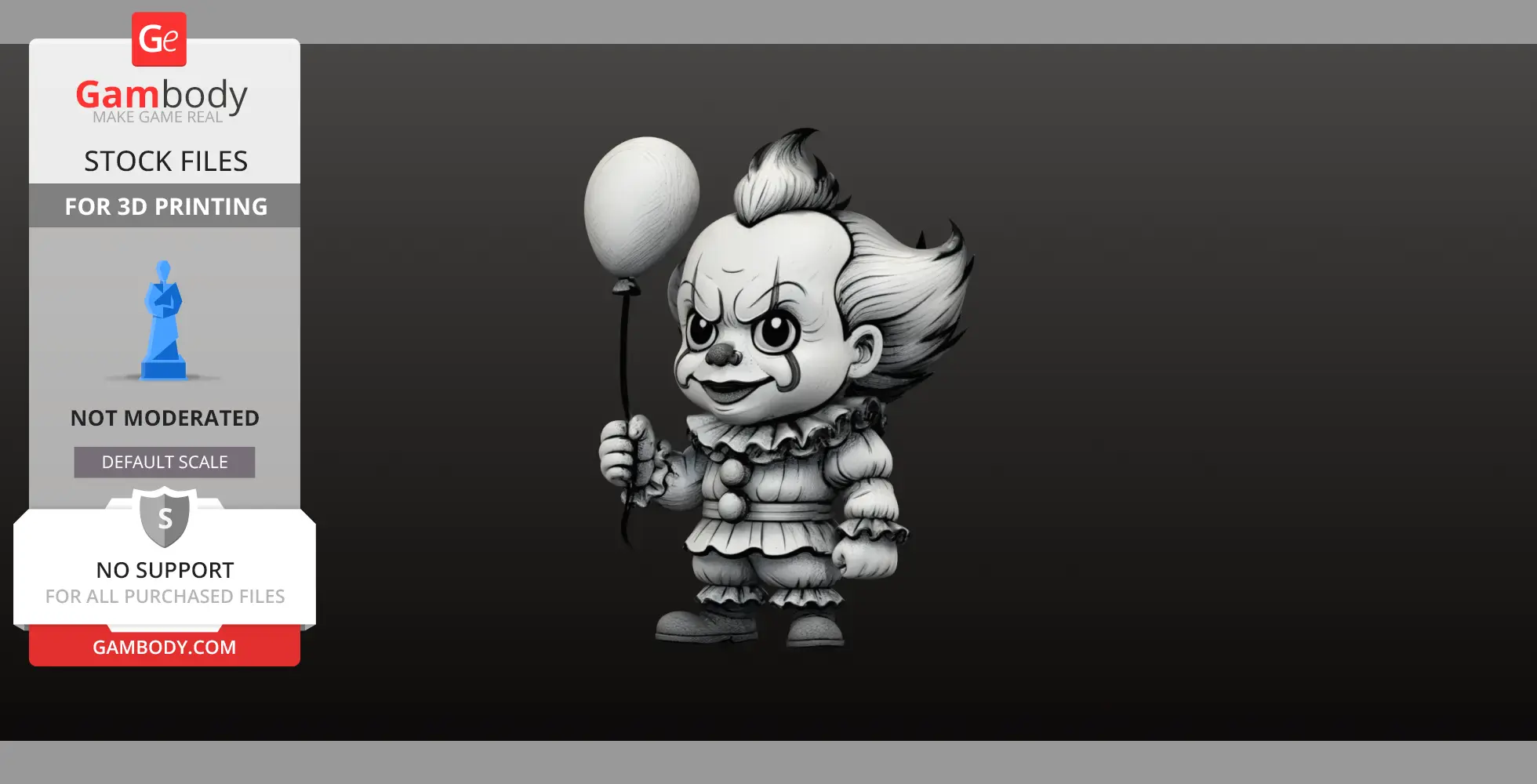 Cute chibi clown figure with balloon, designed for 3D printing.