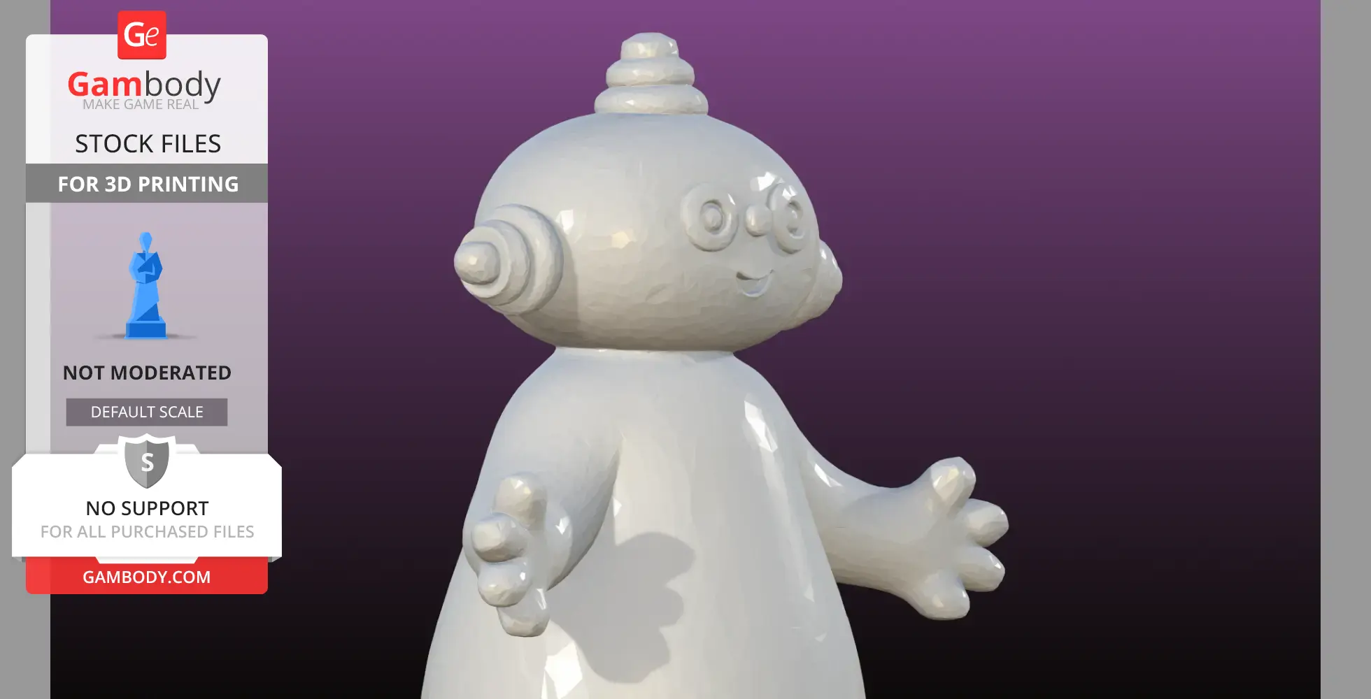 White 3D model of a character with spiral shapes on head and ears, smiling, against a purple background.