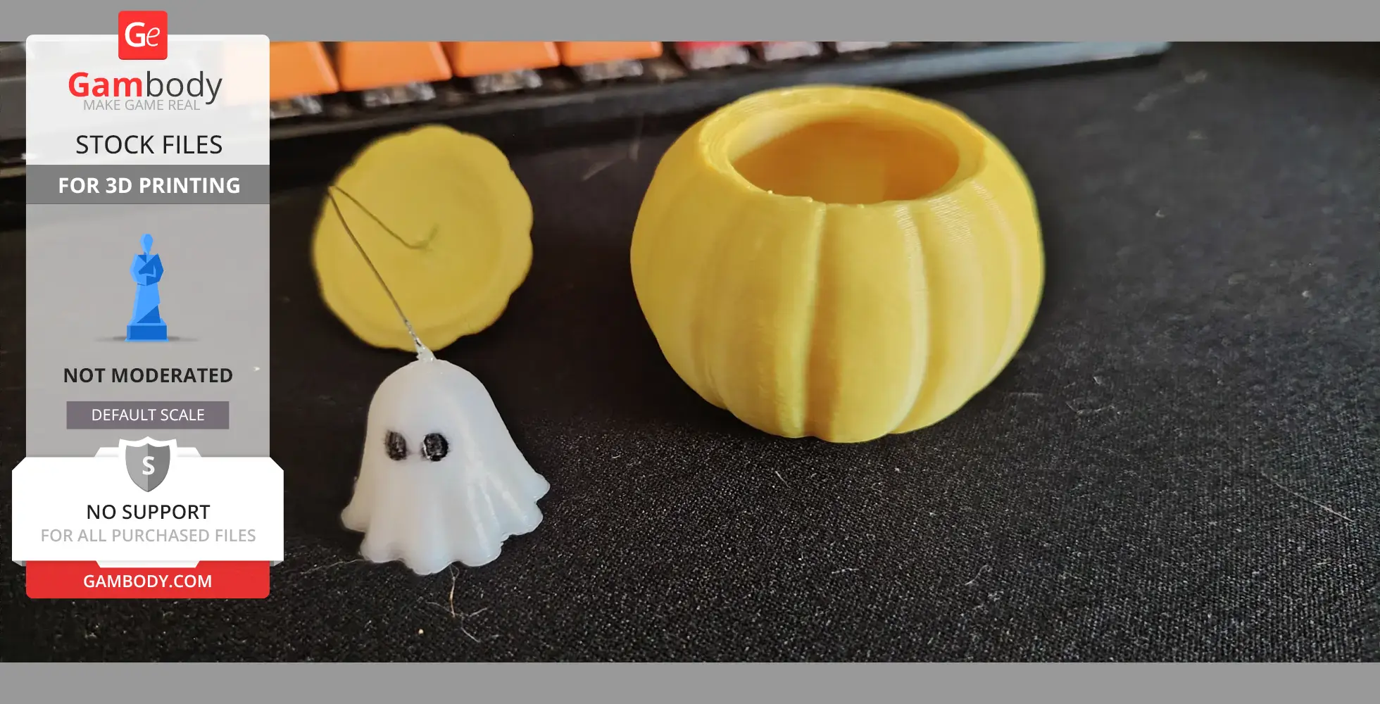 A small 3D printed ghost and a hollow pumpkin on a black surface.