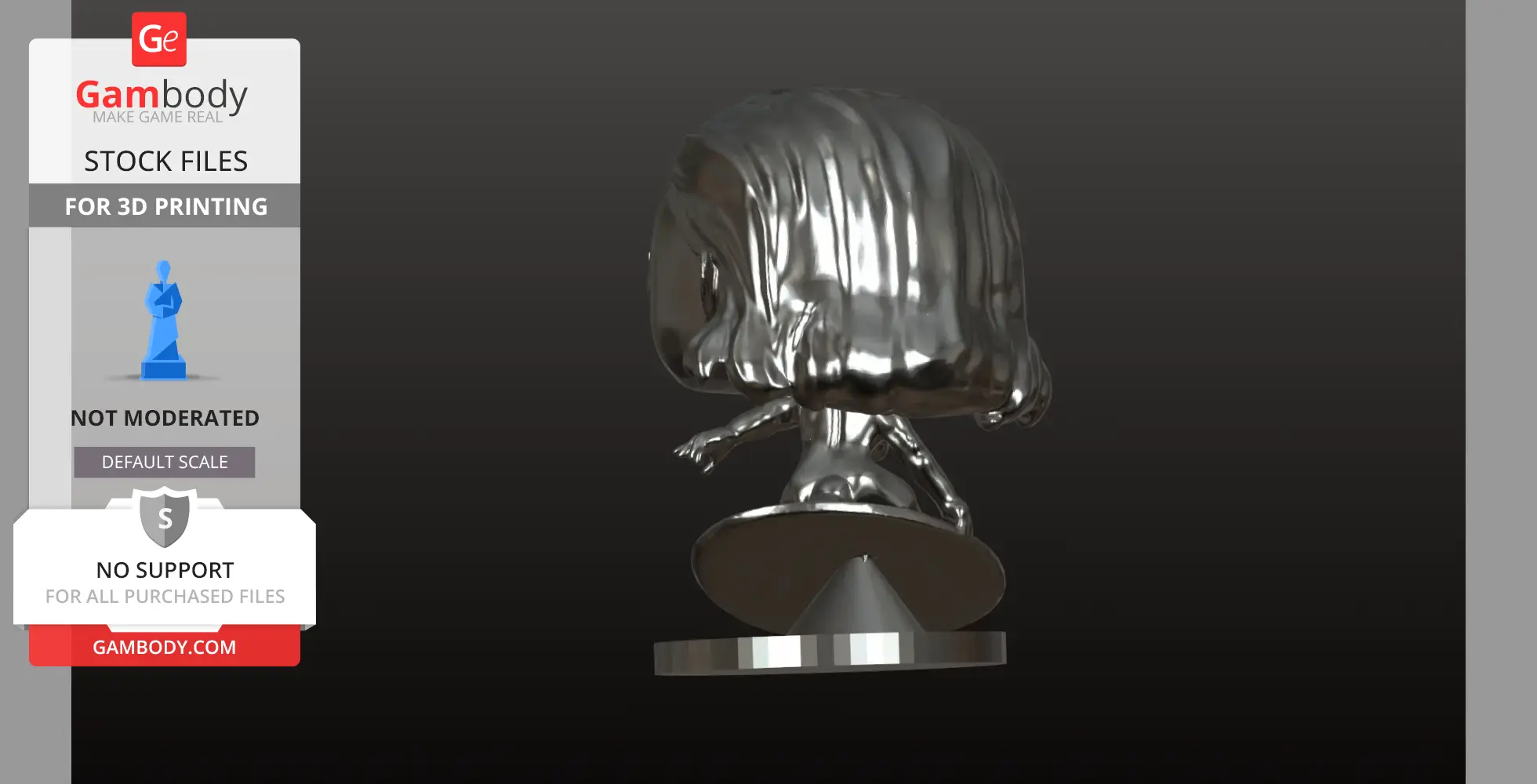 Silver Surfer 3D model in shiny metallic finish, surfing pose on a stand, view from behind.