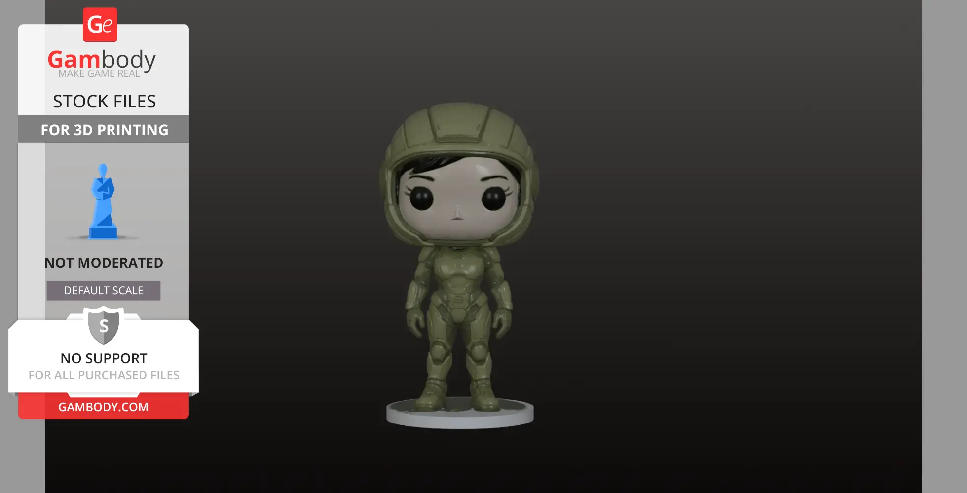 Chibi-style figure in a space suit with large helmet, standing on a round base.
