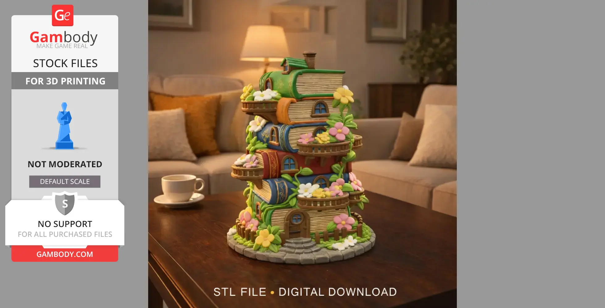 A whimsical tower made of stacked books with windows, doors, and colorful flowers, ideal for 3D printing.