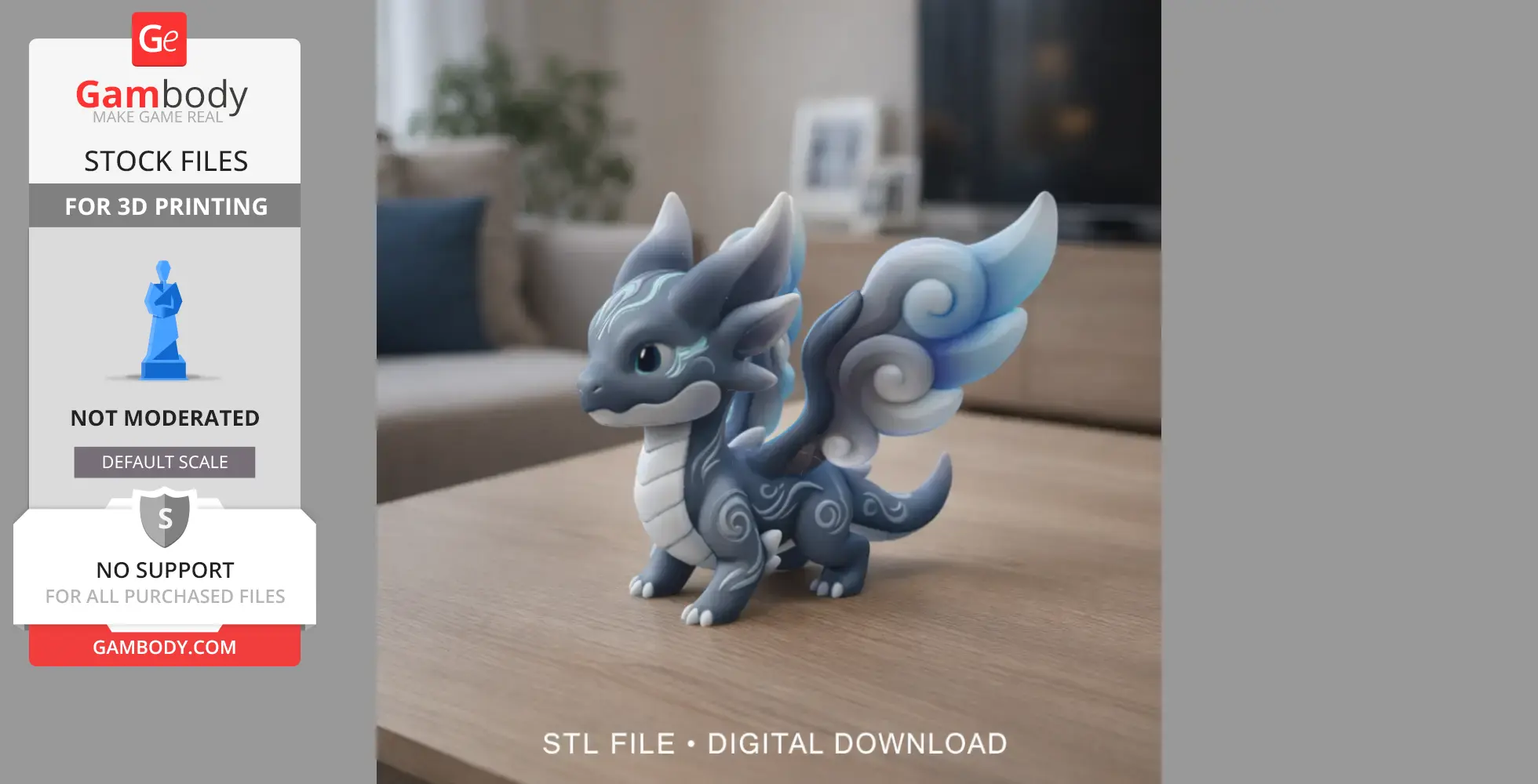 A cute, stylized blue dragon with swirling designs and large, wing-like ears on a table.