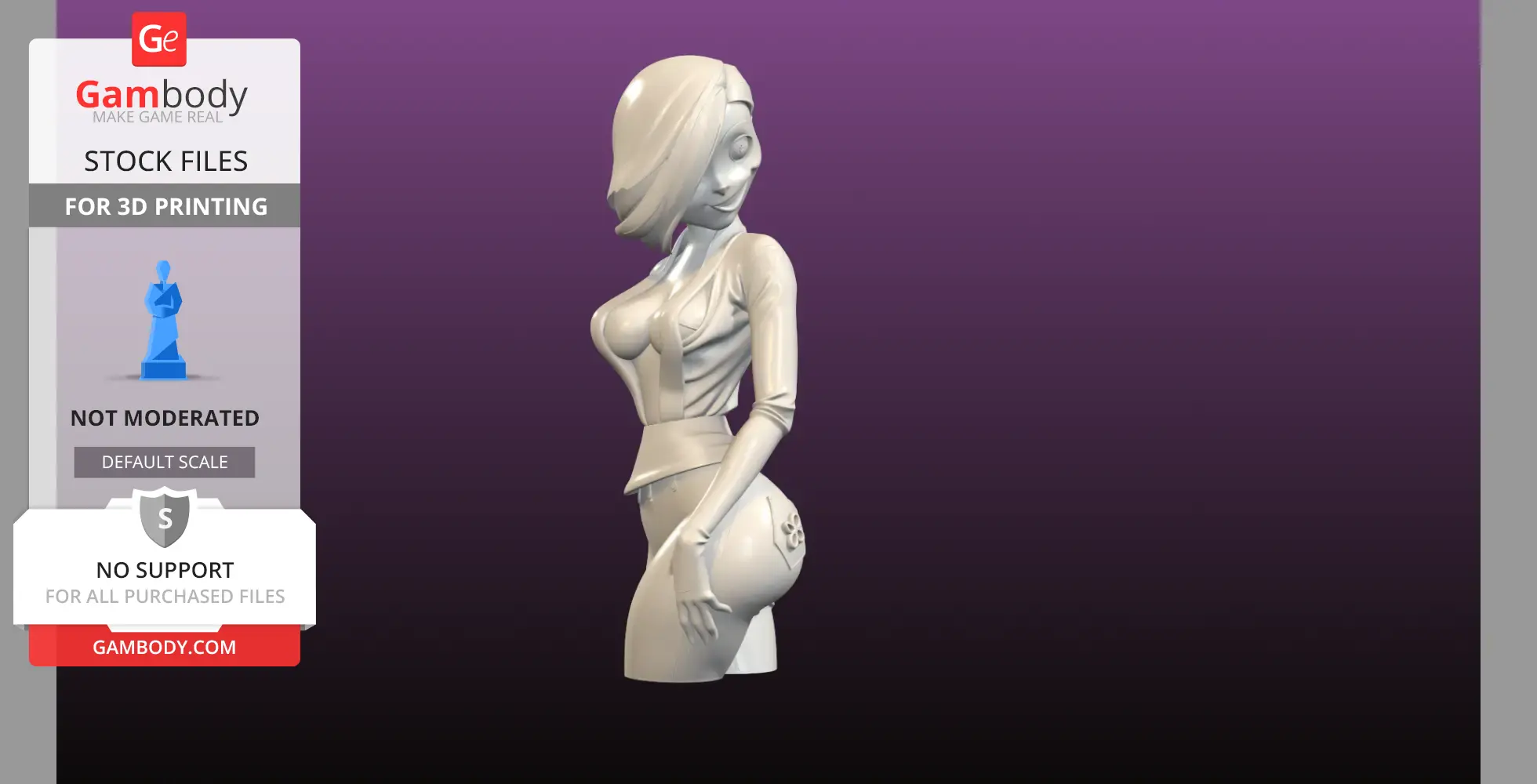 A stylized 3D model of a female character in a dynamic pose, with a purple gradient background.