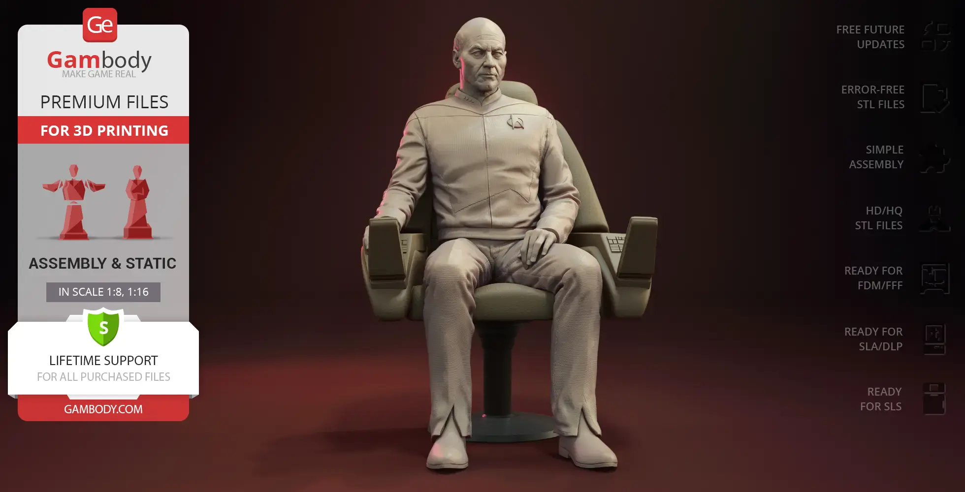 A detailed 3D model of a bald man seated in a futuristic captain’s chair, ready for 3D printing.