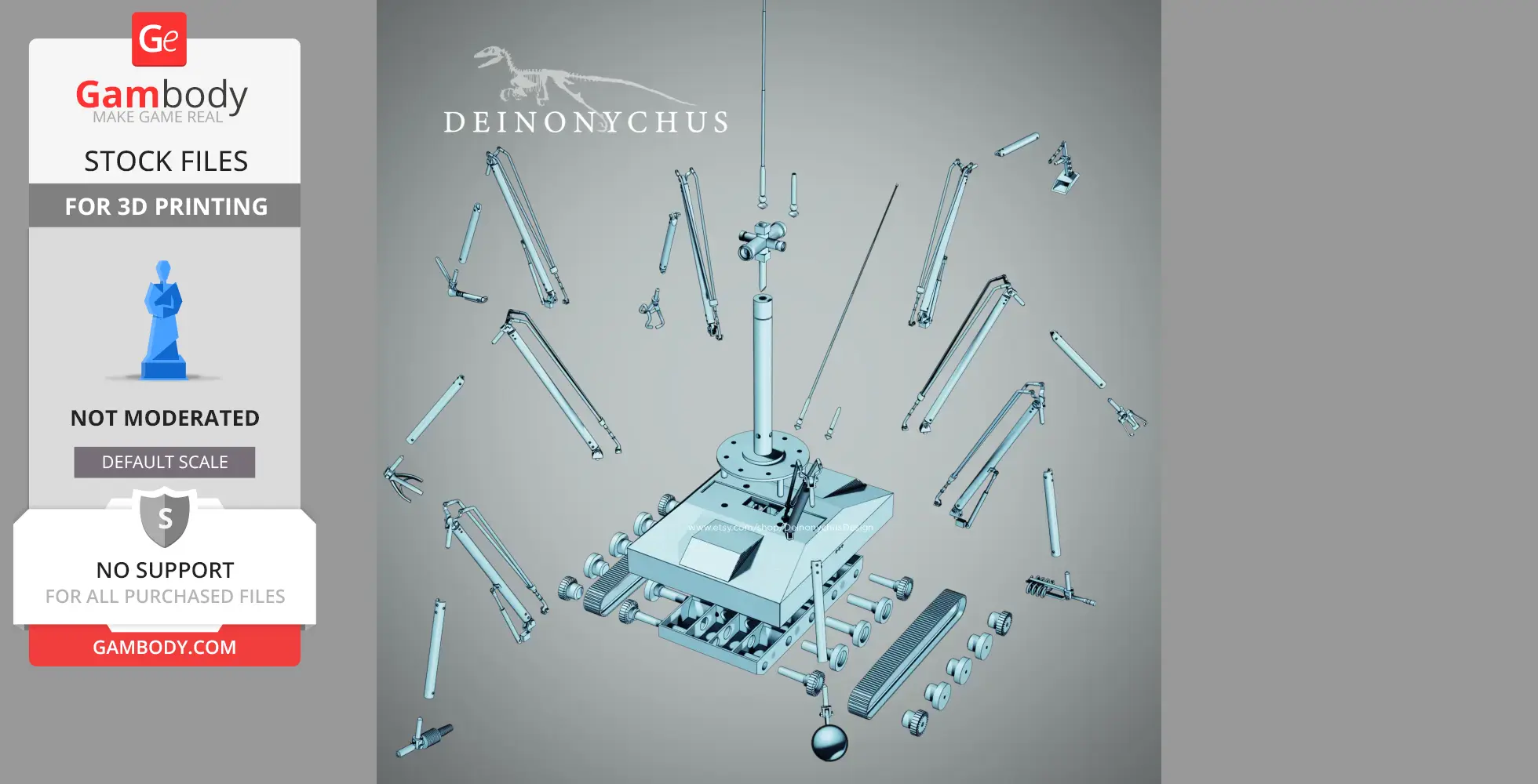Exploded view of a Deinonychus-inspired robotic model with various mechanical components.