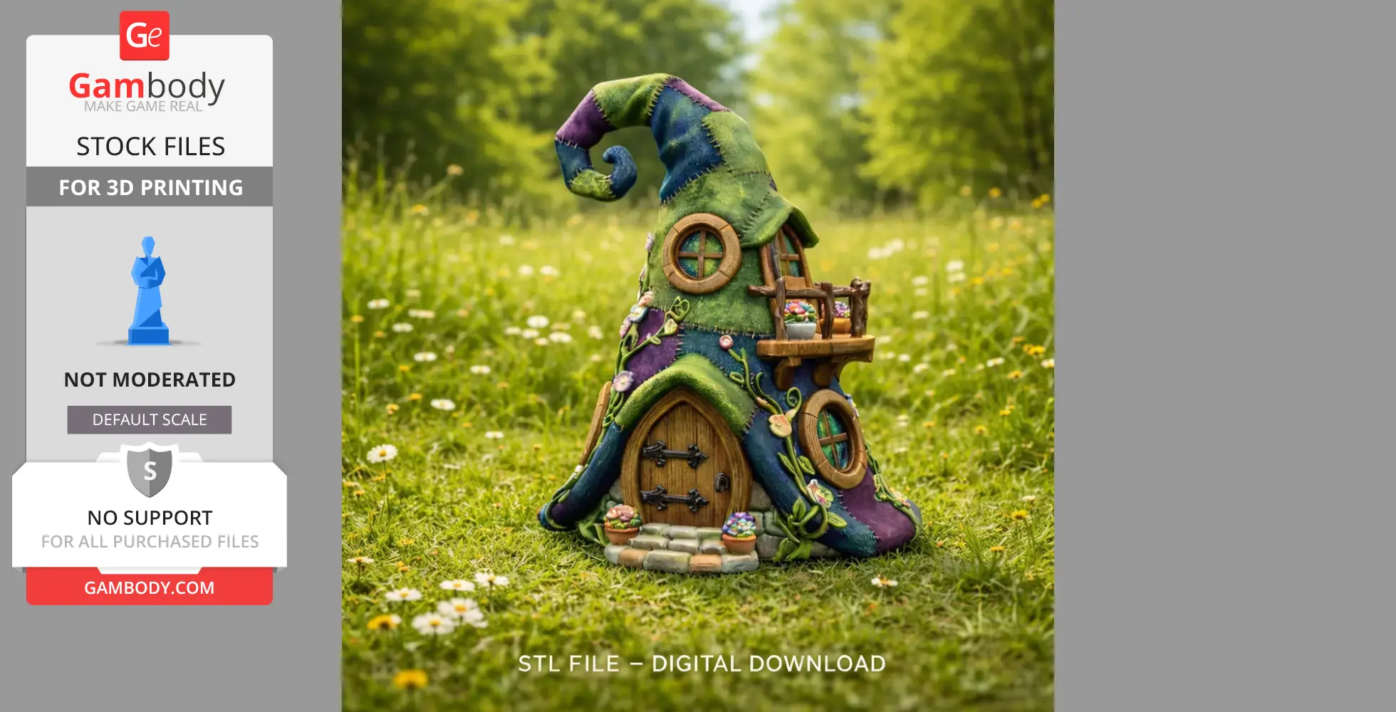 Whimsical wizard hat-shaped house with round windows and a wooden door, set in a grassy field.