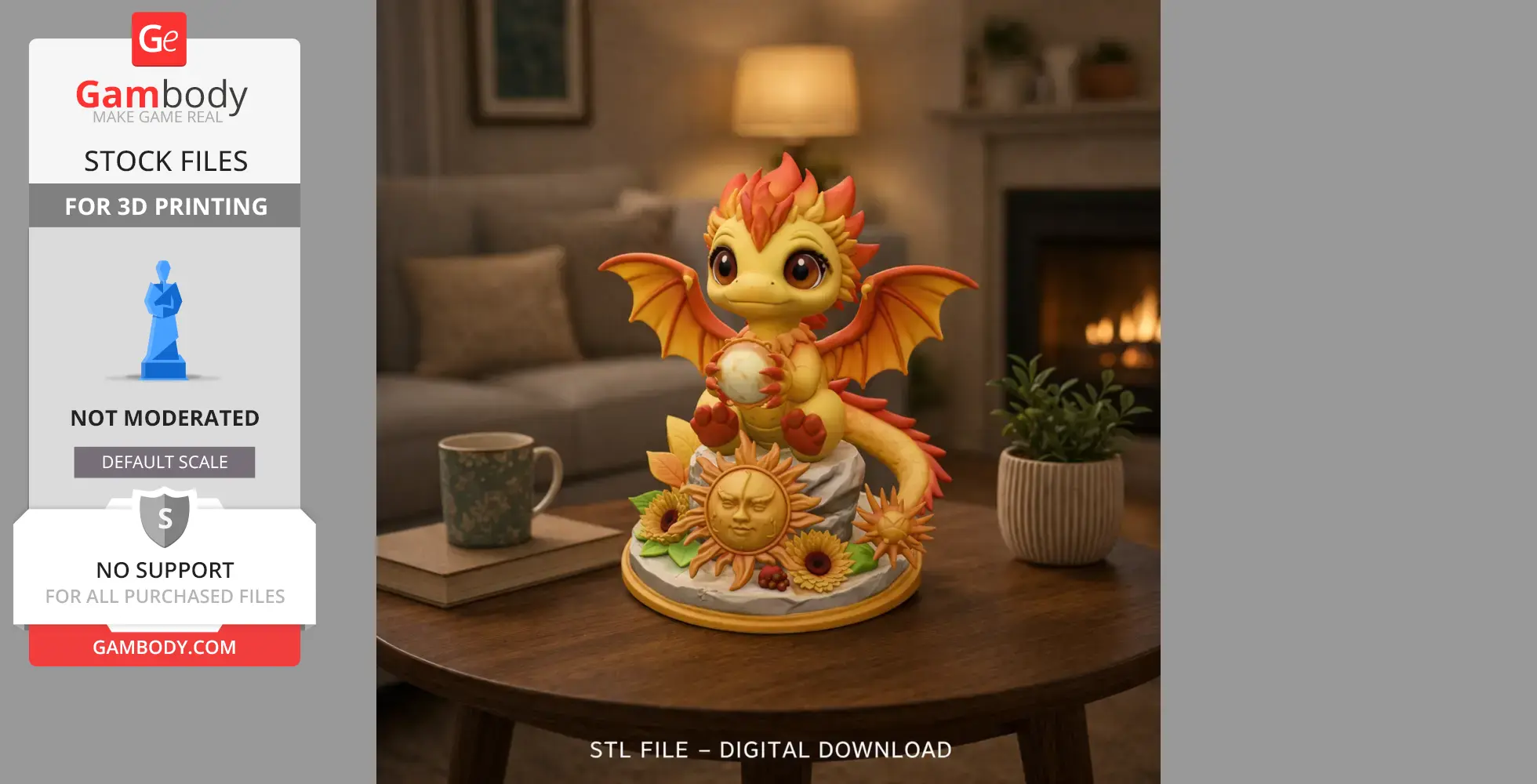 A cute, colorful baby dragon figurine with fiery details, holding an orb, sits on a sun-themed base.