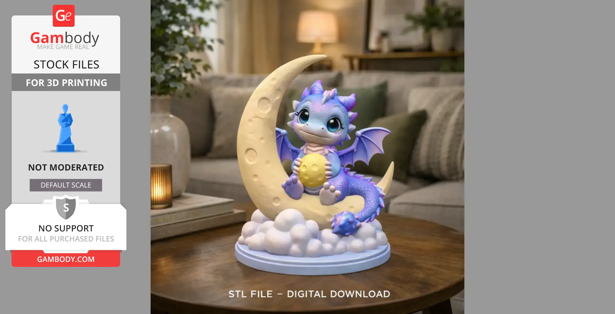 A cute baby dragon with wings sits on a crescent moon, holding a small moon or ball, surrounded by clouds.