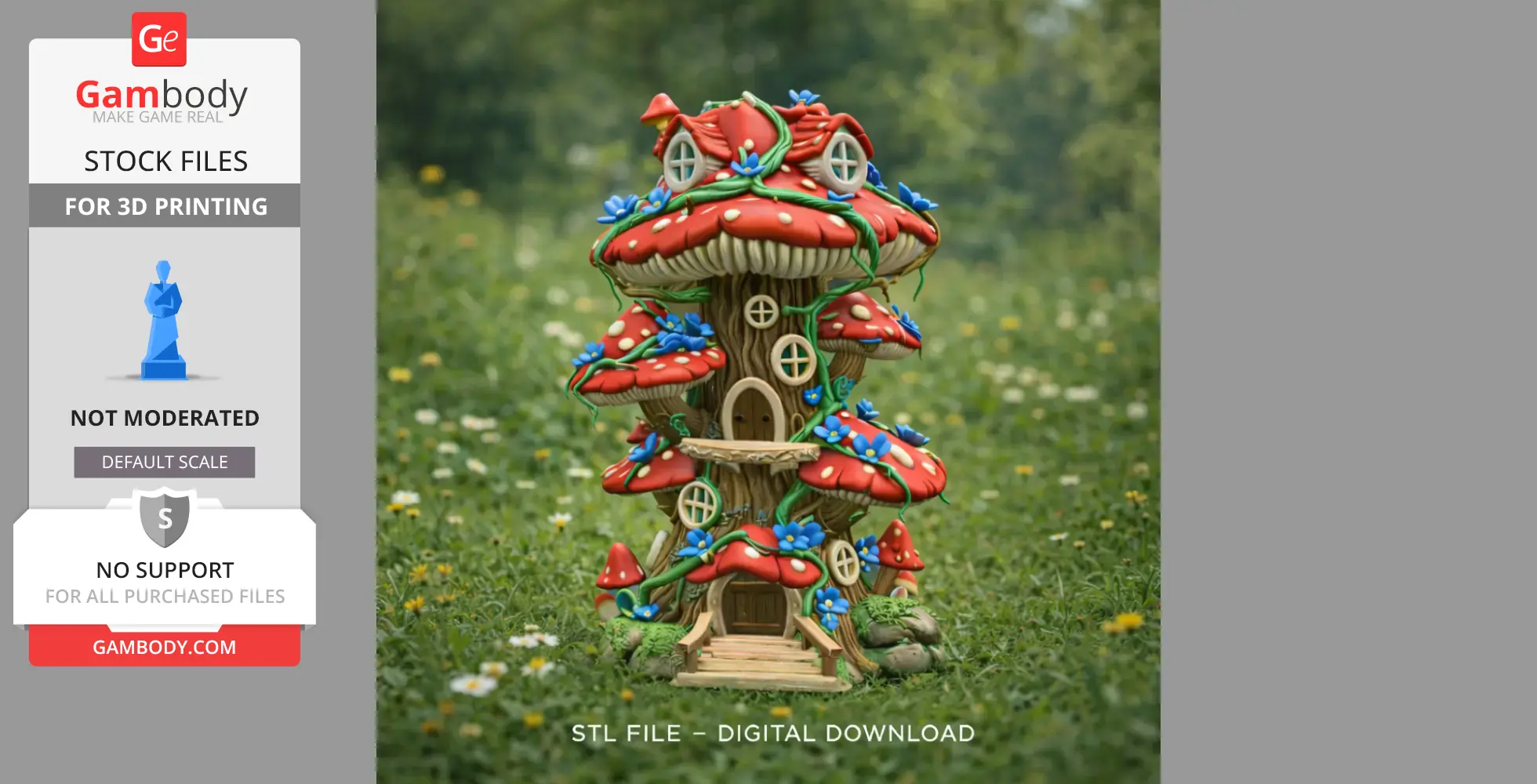 A whimsical mushroom tower with windows and vibrant greenery on a grassy background.